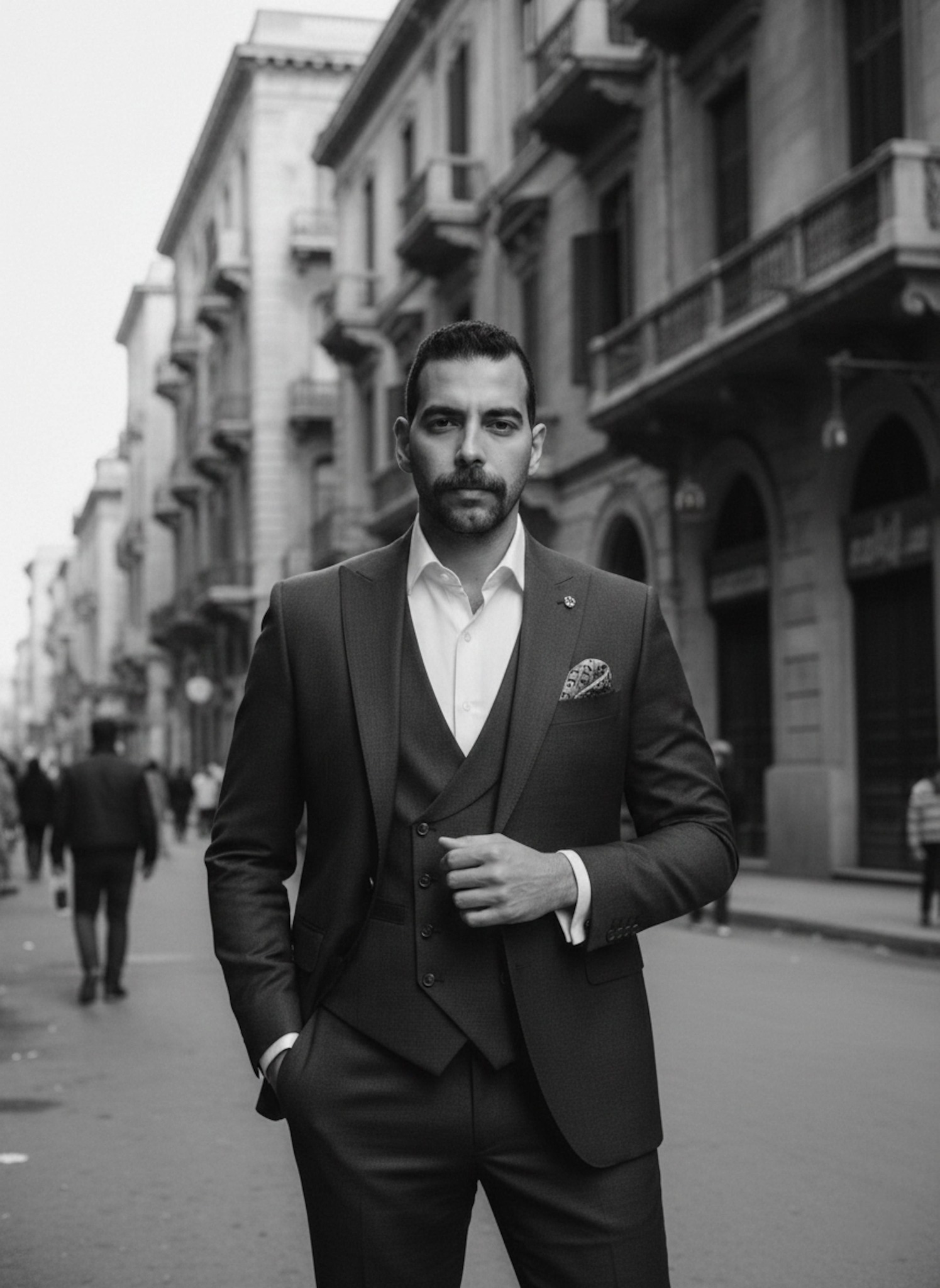 Person in a bespoke three-piece suit with pocket square on Fouad Street with vintage European architecture in monochrome