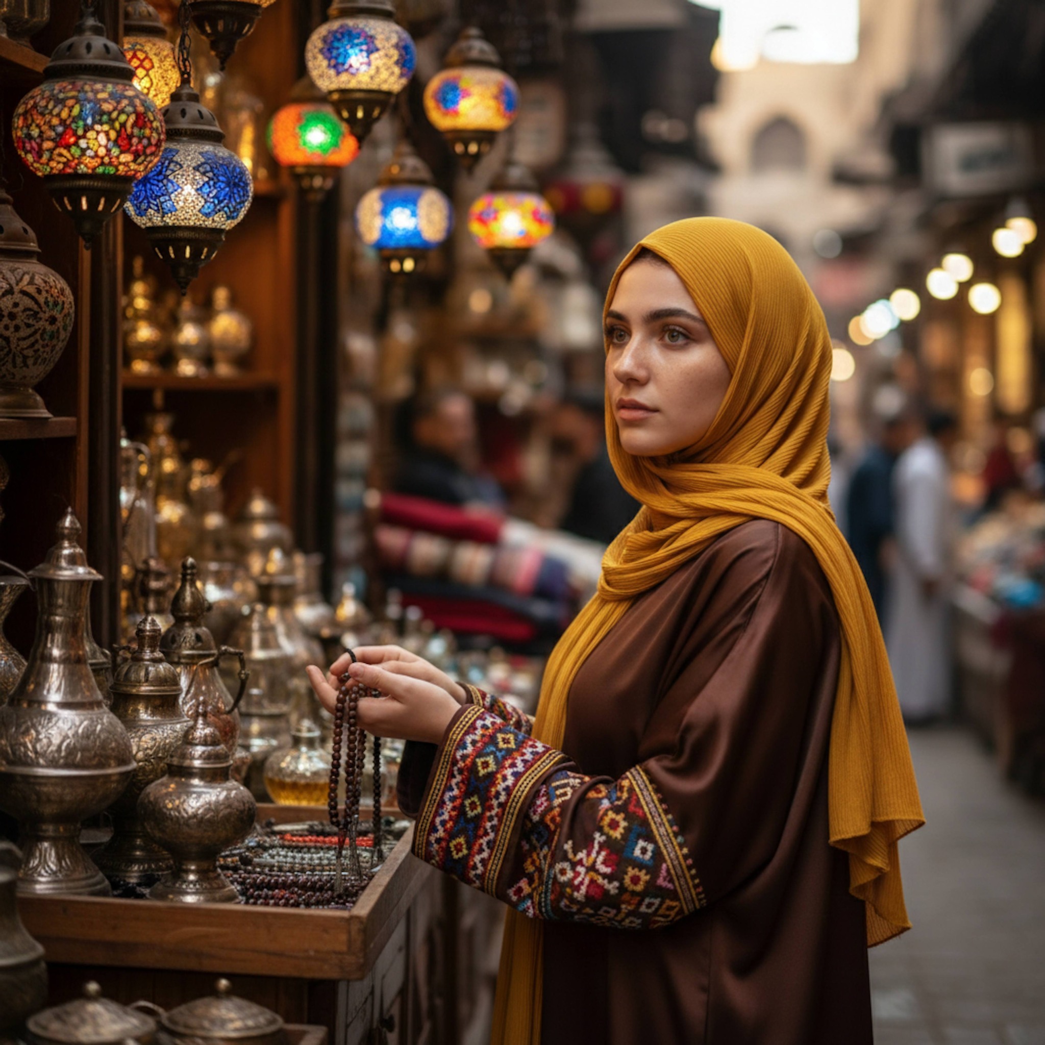 Over-the-shoulder portrait of hijabi woman in narrow Khan El Khalili market alley surrounded by perfumes and copper wares