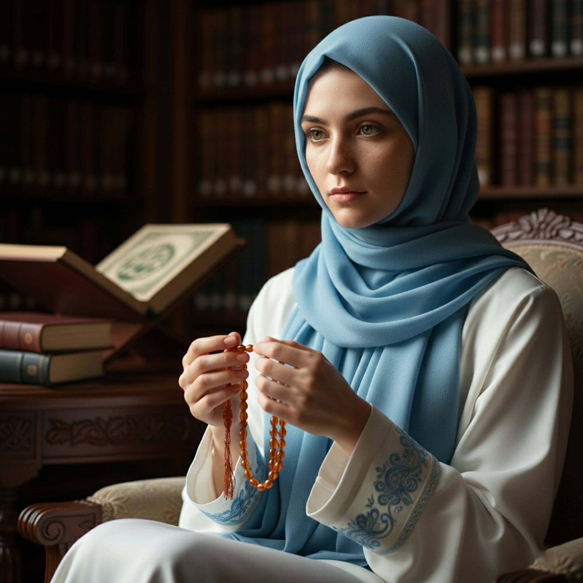 Extreme close-up of hijabi woman with serene expression holding prayer beads in sunlit library with Islamic manuscripts