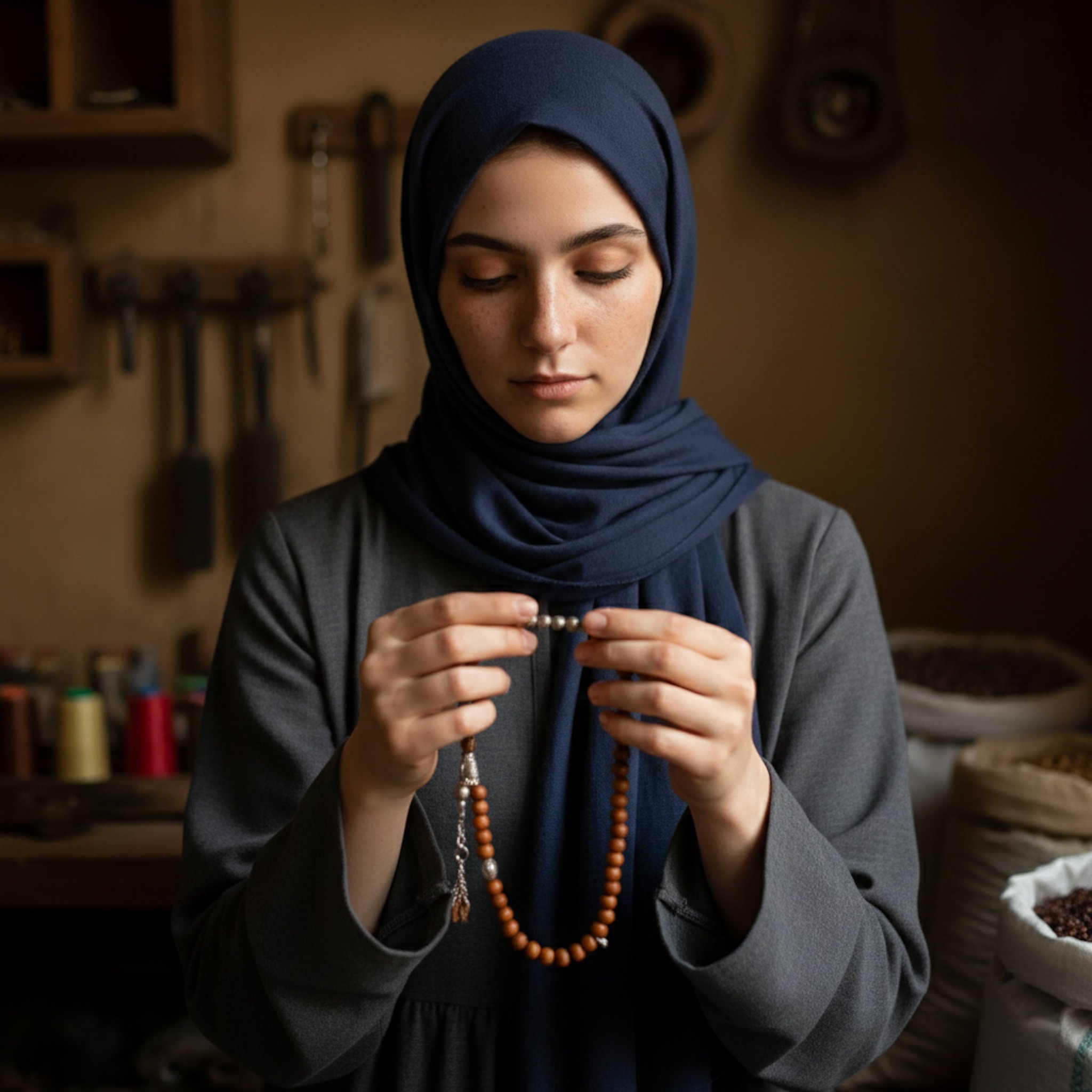 Extreme close-up of hijabi woman holding half-finished misbaha prayer beads in Old Cairo artisan workshop