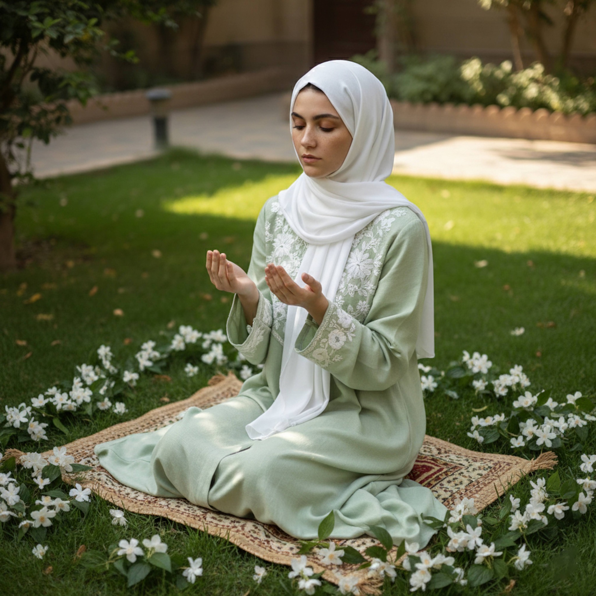 High-angle view of hijabi woman seated on prayer rug in lush garden with jasmine flowers hands raised in dua