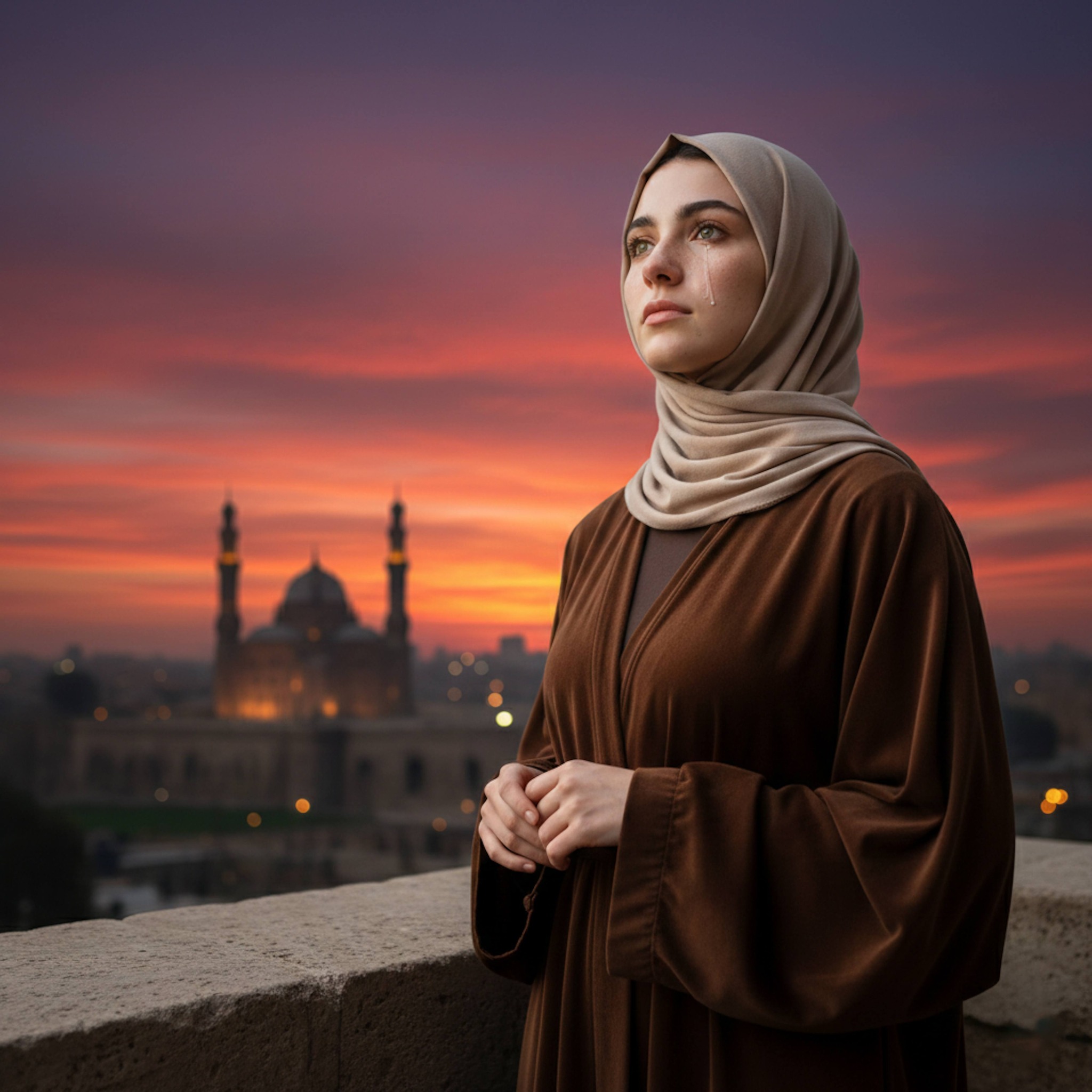 Low-angle portrait of hijabi woman standing on balcony overlooking Cairo Citadel during Maghrib adhan at sunset