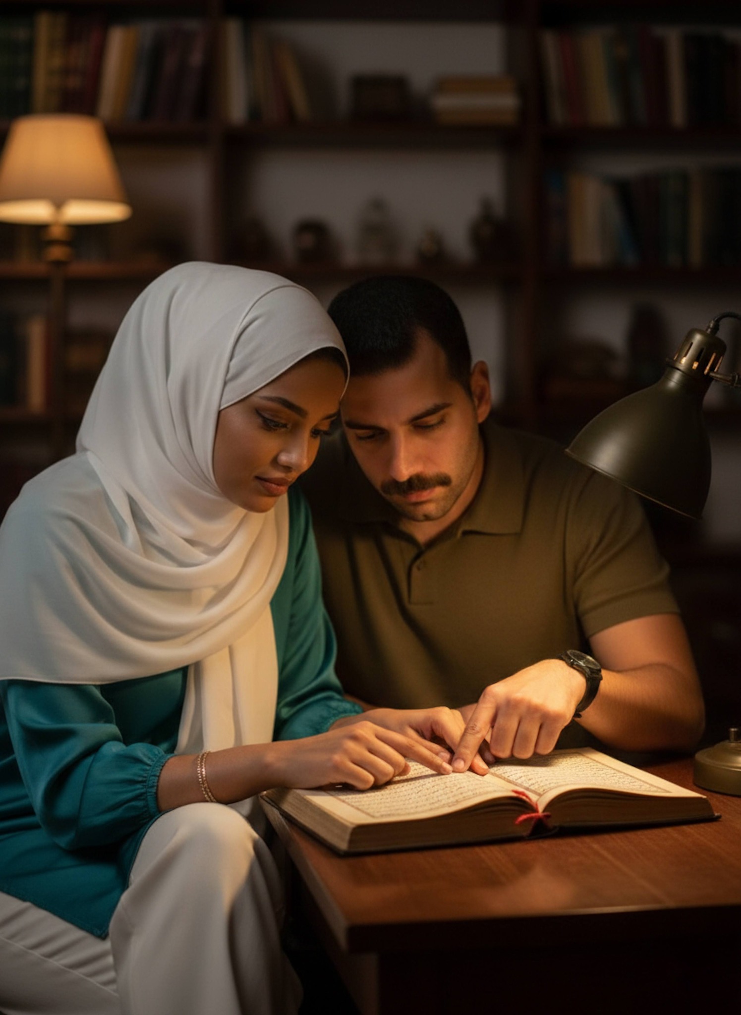 Close-up of couple studying Quran together in home library with warm desk lamp illuminating the book and their hands