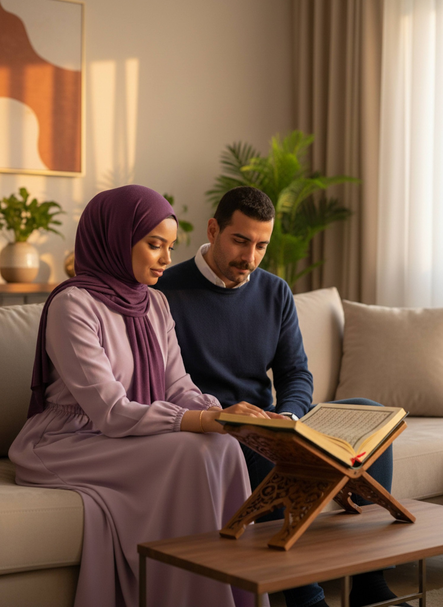 Couple sitting side by side on beige sofa sharing gold-rimmed Quran on wooden stand bathed in golden hour sunlight