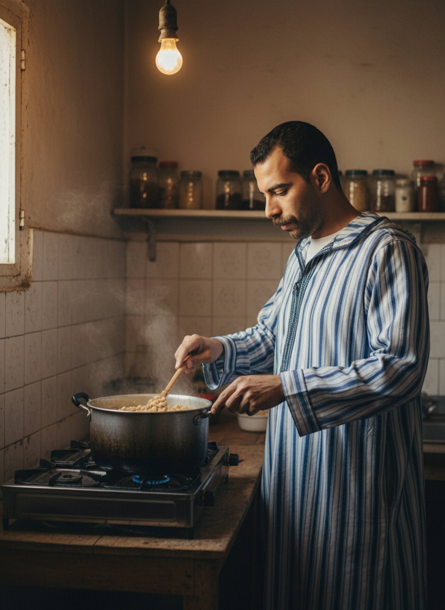 Person in striped blue and white galabeya stirring pot of fava beans in simple Egyptian kitchen under single warm lamp at dawn