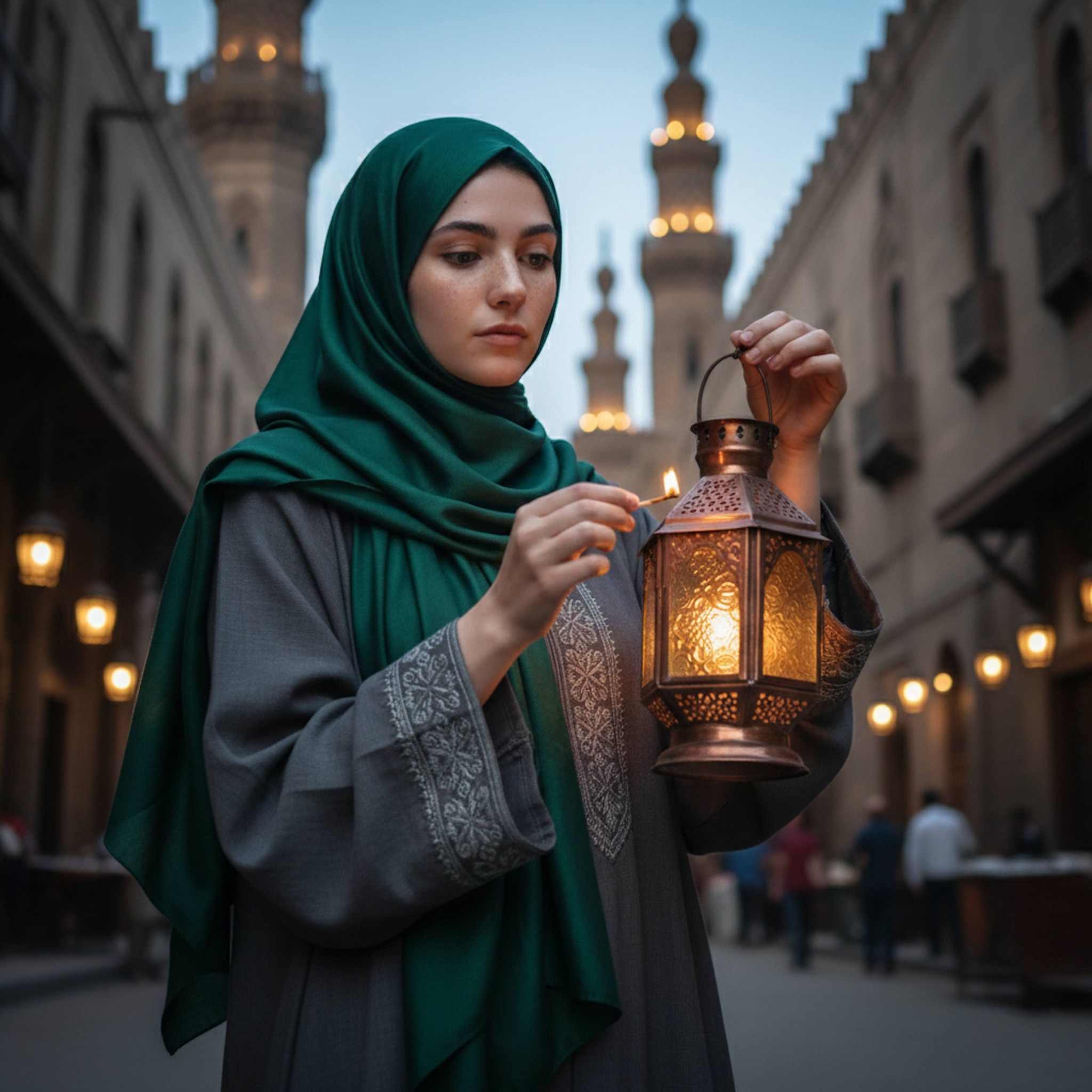 Low-angle portrait of hijabi woman on Al-Muizz Street surrounded by hanging copper lanterns and Mamluk architecture