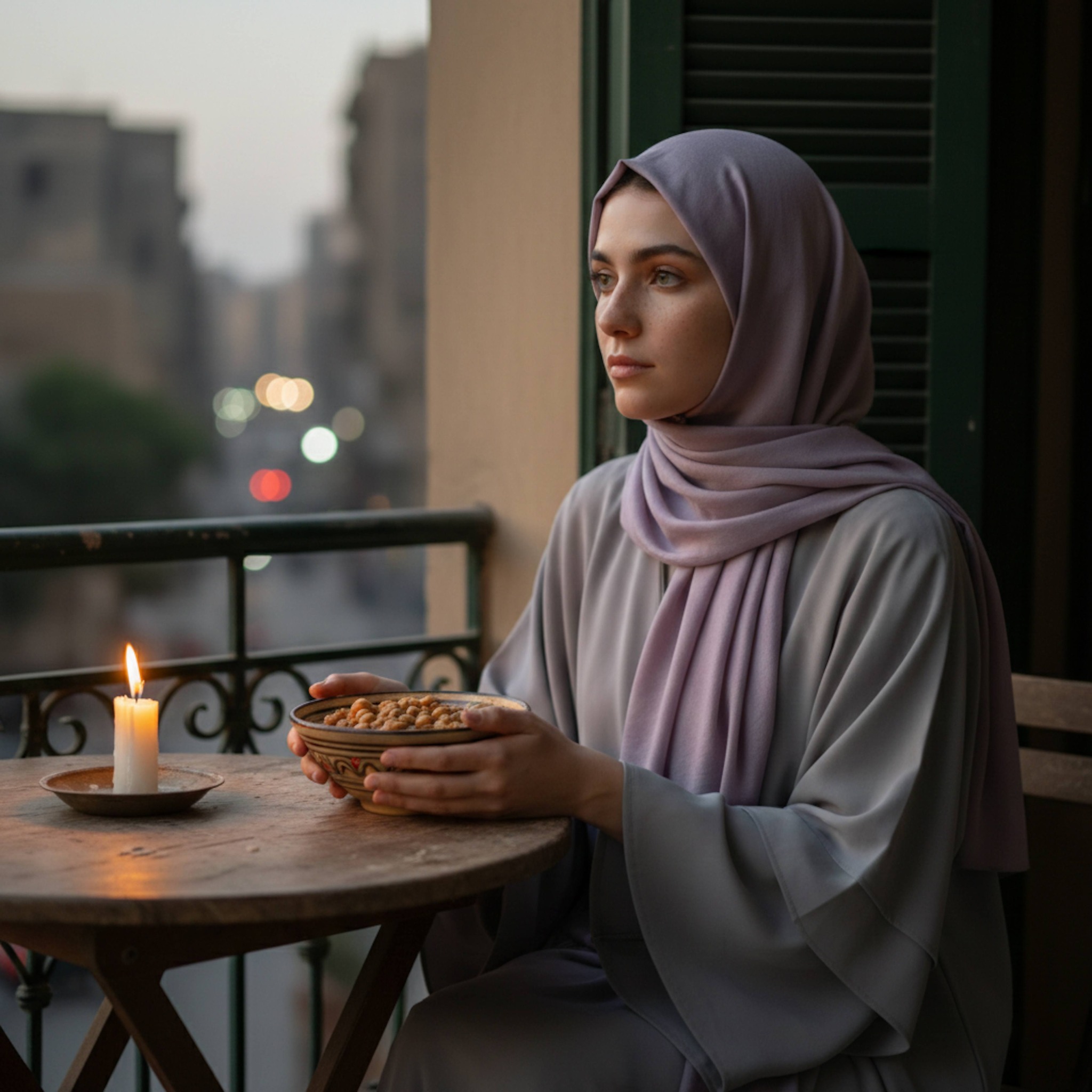 Close-up of hijabi woman seated at wooden table on Egyptian balcony overlooking quiet Cairo streets in pre-dawn light