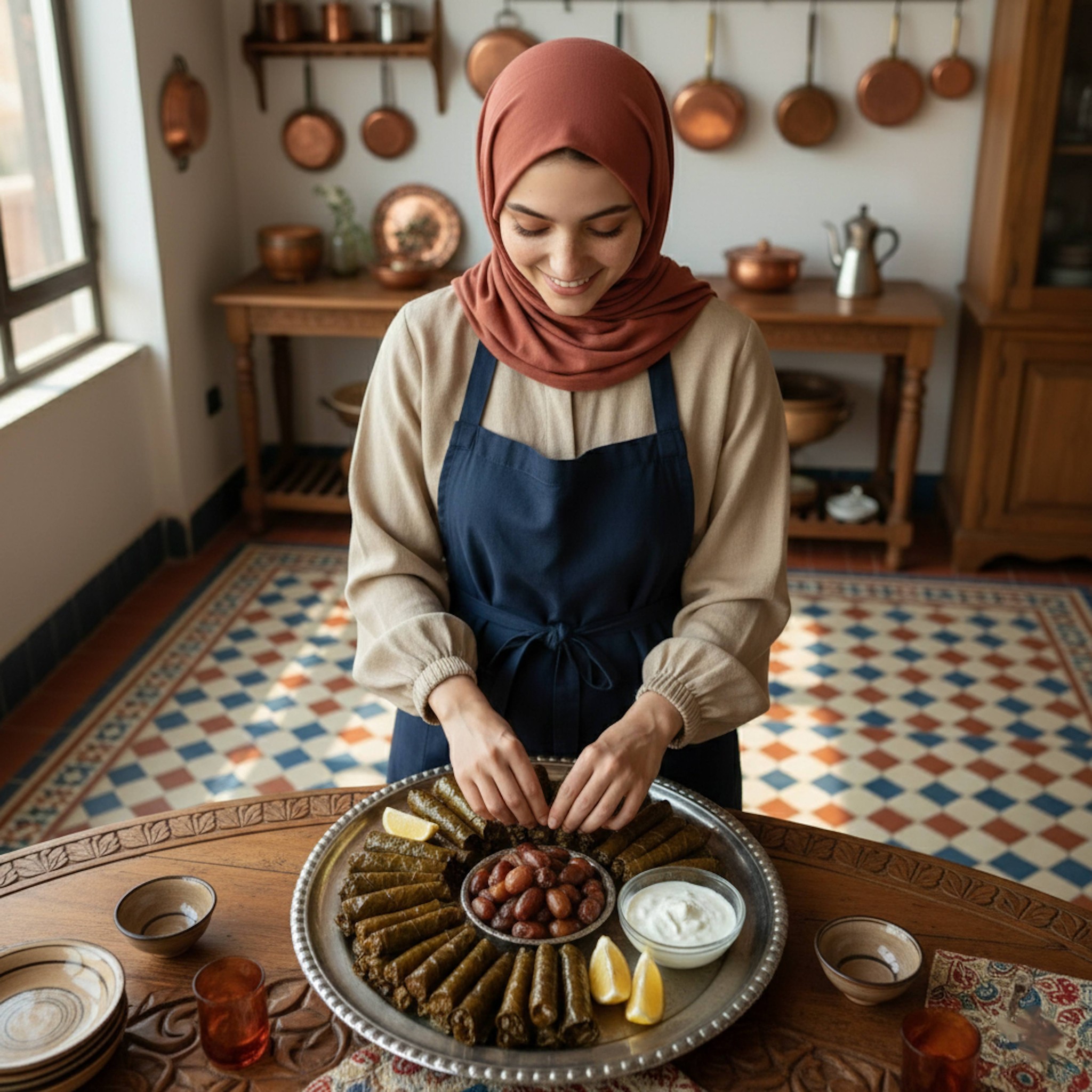 Top-angle view of hijabi woman arranging iftar meal in sun-drenched Egyptian kitchen with traditional tiles and copper pots