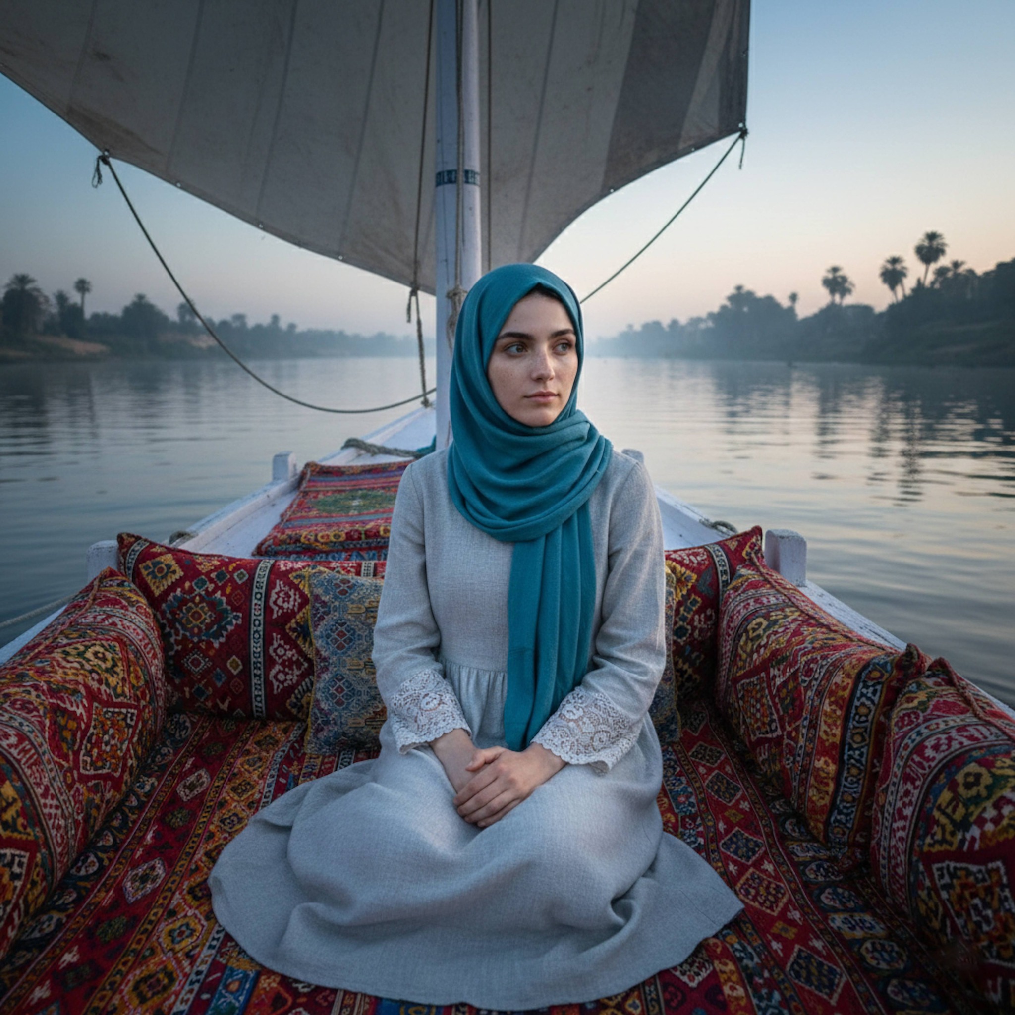 High-angle view of hijabi woman seated on colorful cushions on wooden felucca boat on Nile River at dawn