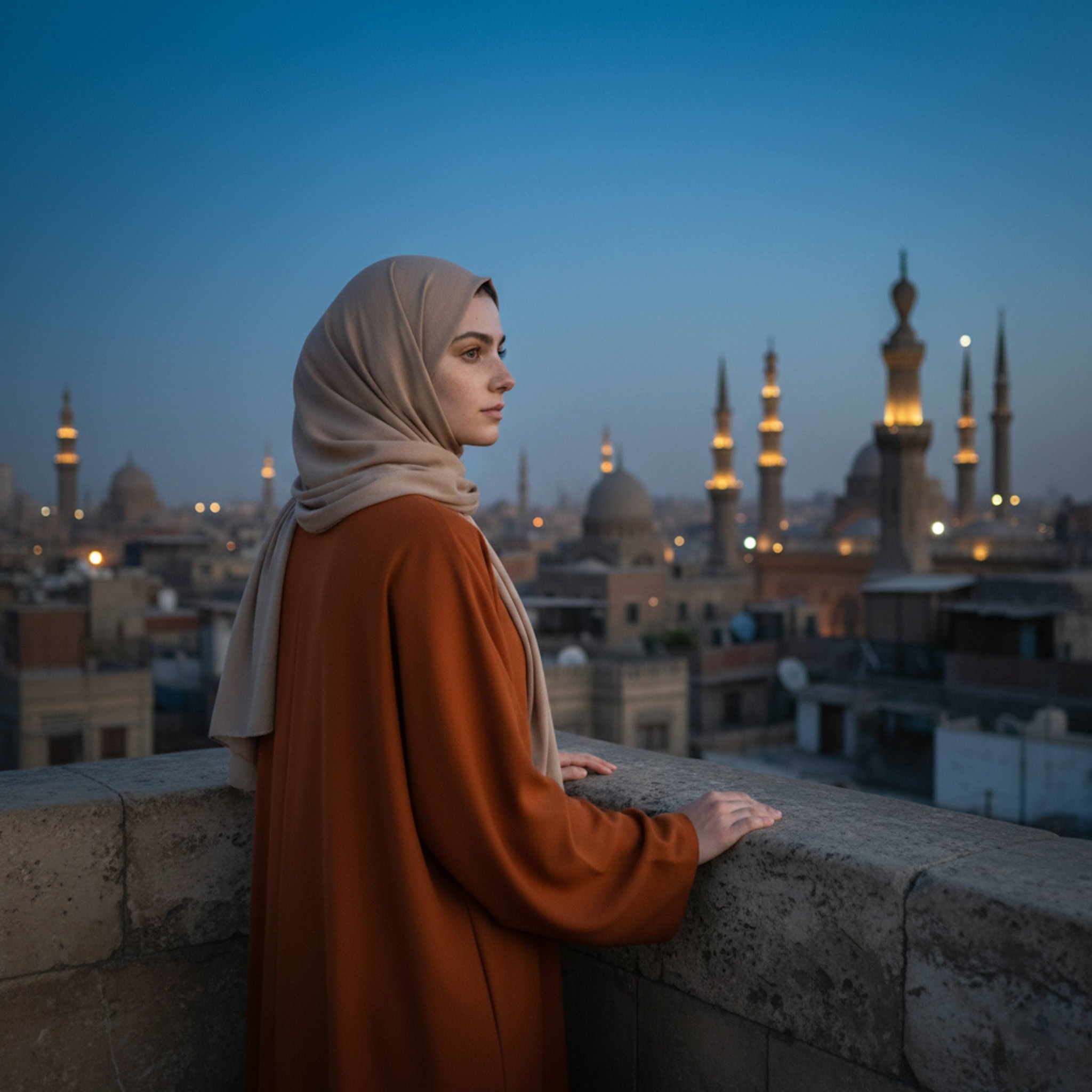 Back view of hijabi woman on rooftop overlooking panoramic view of Cairo minarets skyline at golden hour