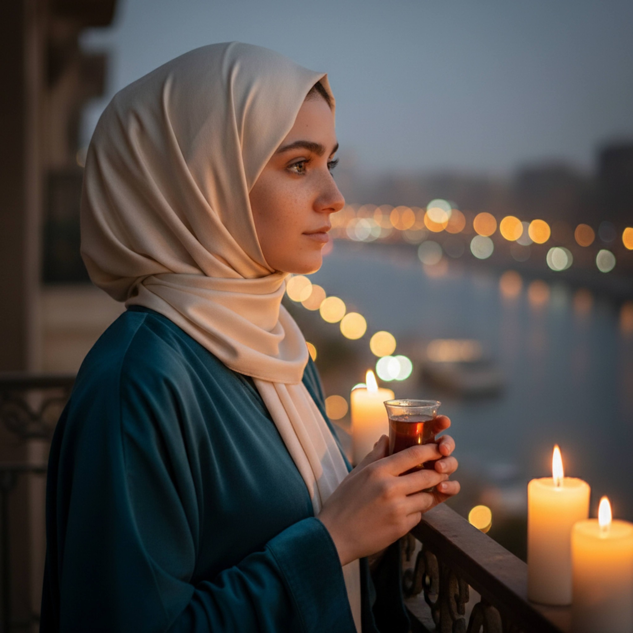 Side profile of hijabi woman holding glass of mint tea on balcony overlooking Nile River at twilight after iftar