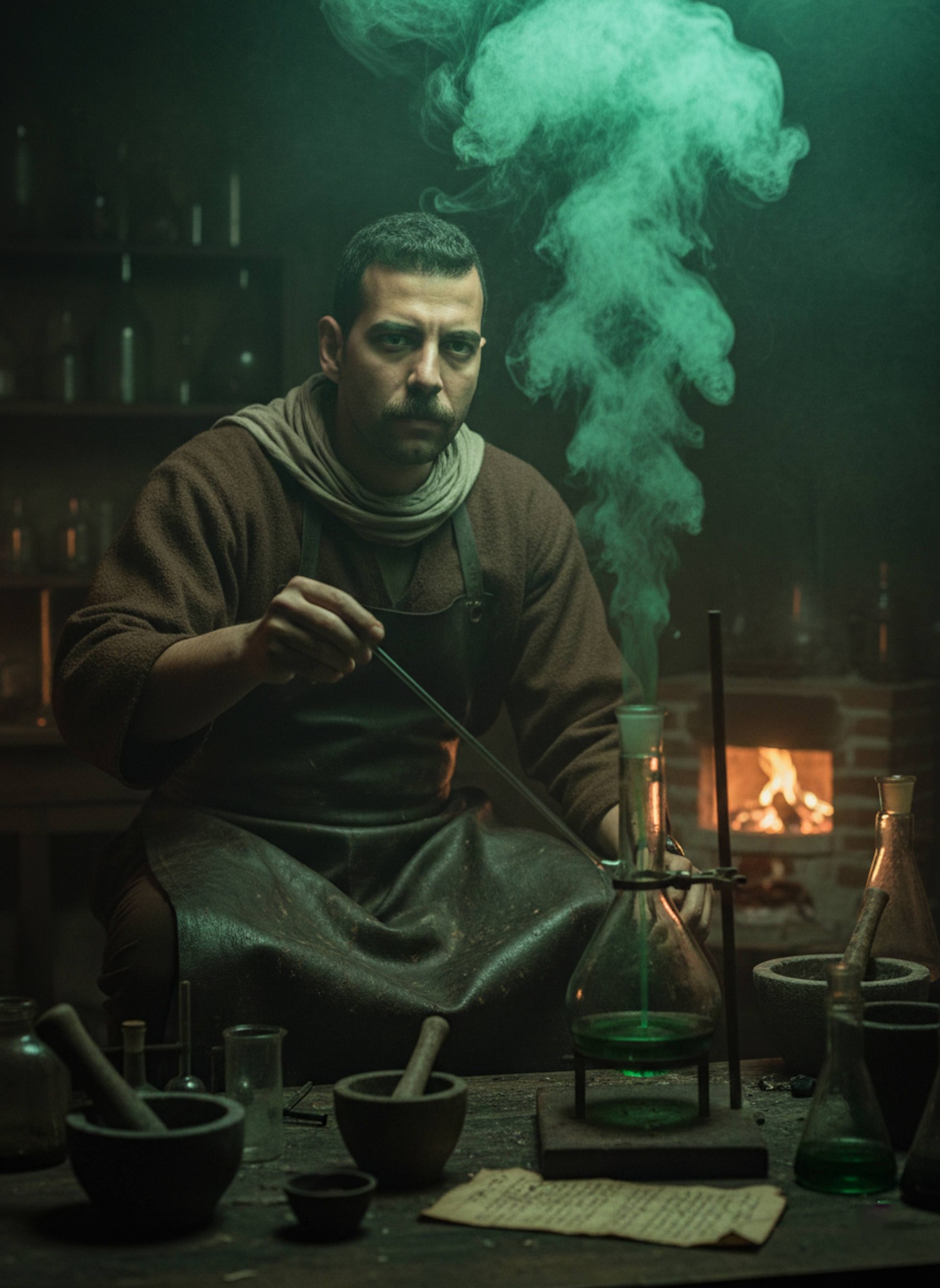 Person dressed as medieval alchemist monitoring chemical reaction in alembic with green smoke in dimly lit laboratory