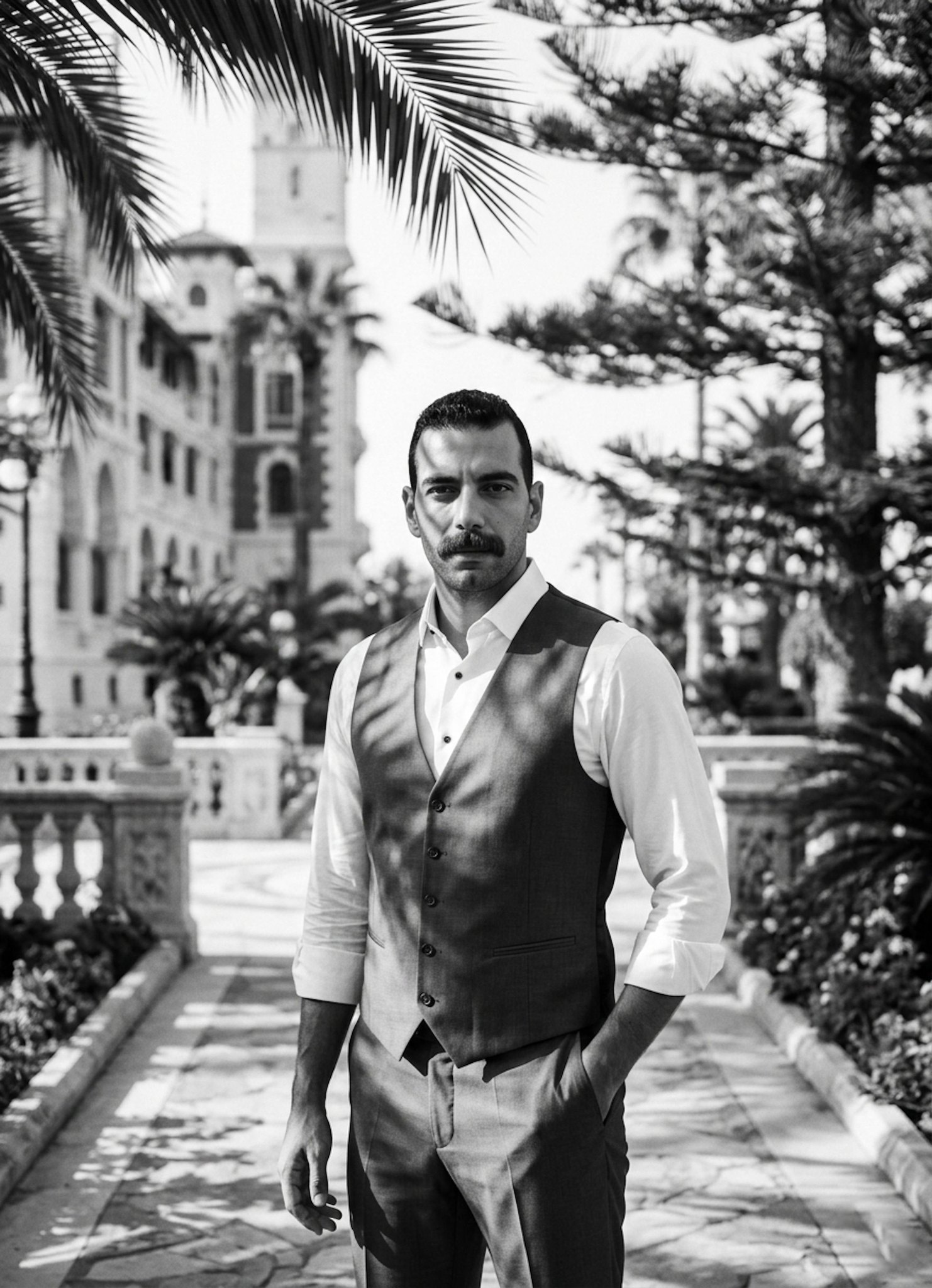 Person in a formal waistcoat and white shirt with rolled sleeves in Montaza Palace gardens with soft filtered sunlight in monochrome