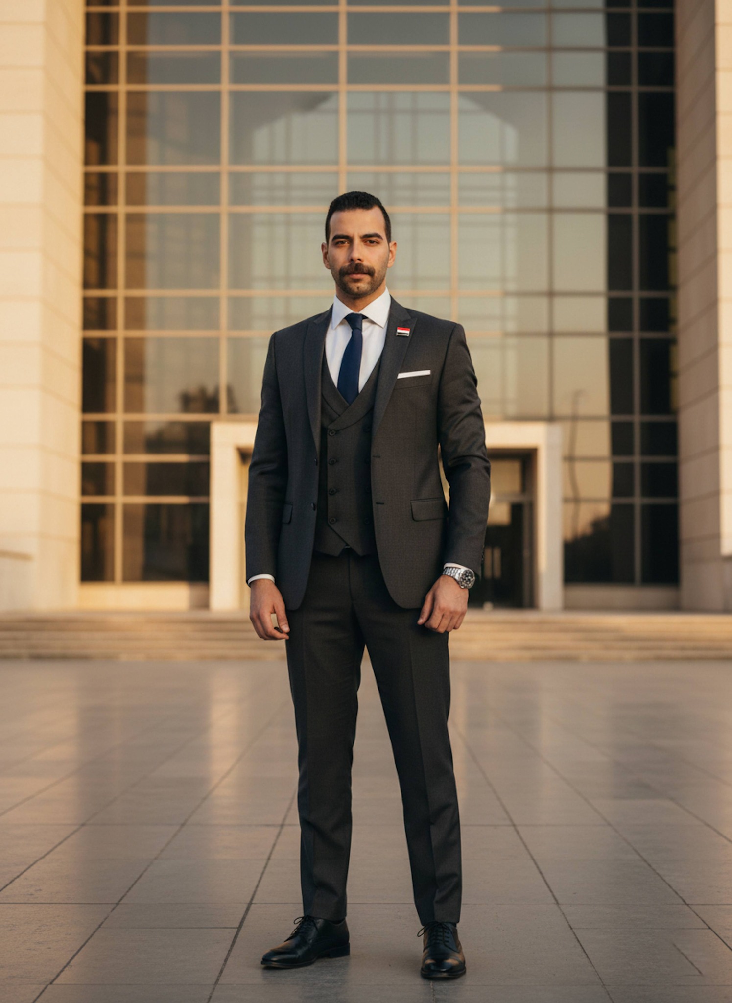 Person in formal official wear standing at parade rest before the grand exterior of Alexandria Library in deep focus