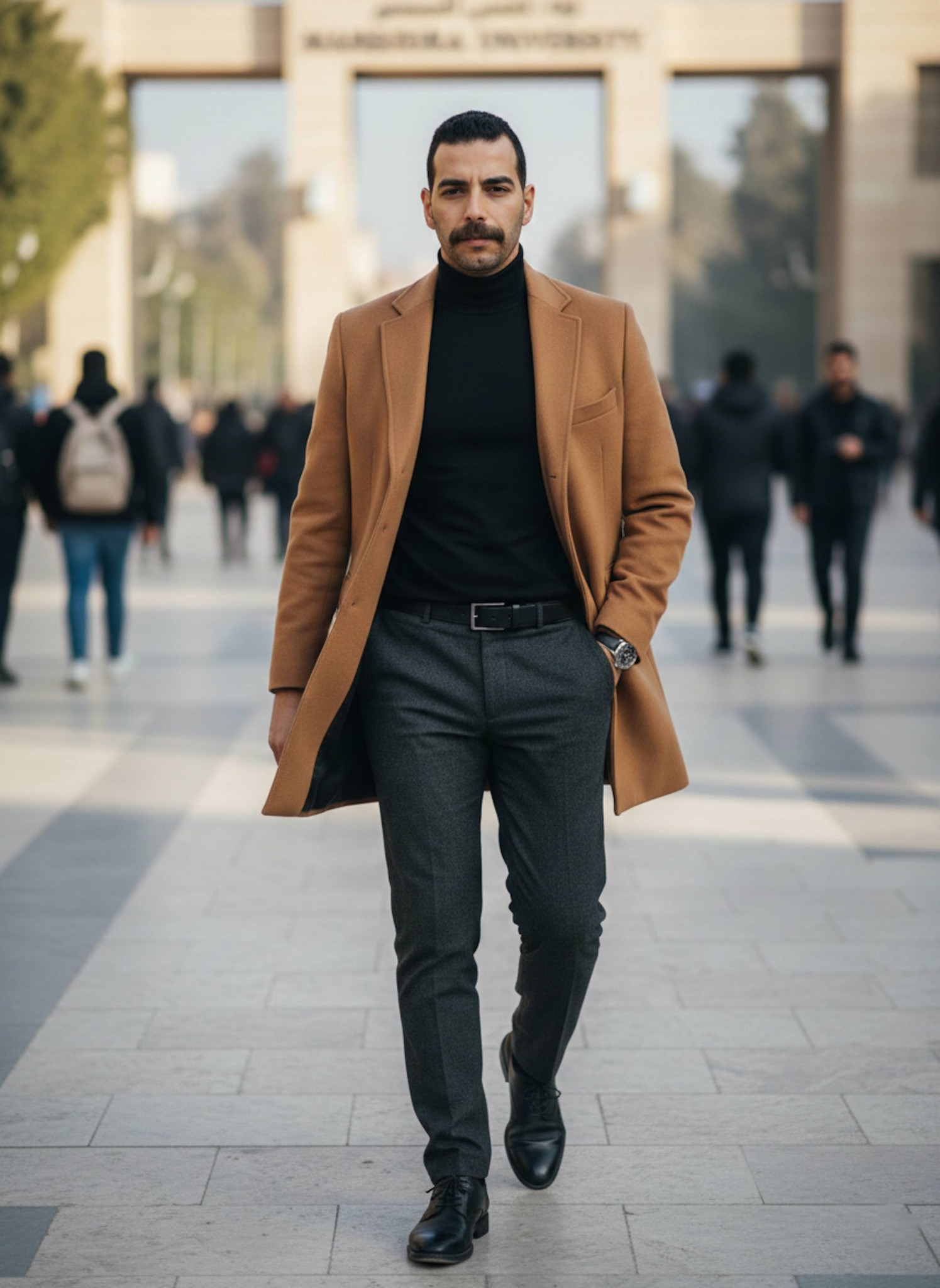 Person in sophisticated attire walking against foot traffic flow at wide university gate in symmetrical documentary composition