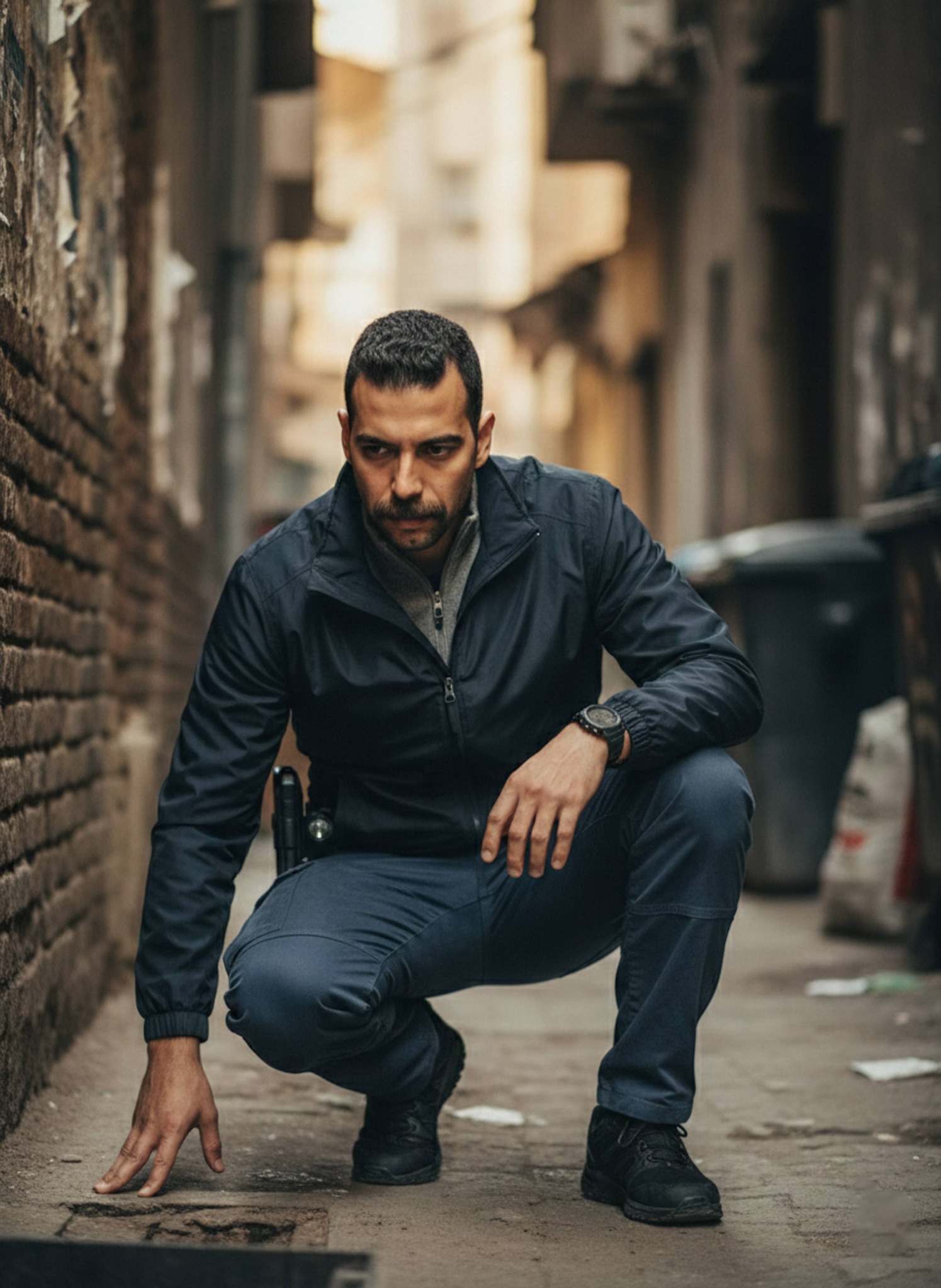 Person crouching in dimly lit Zamalek diplomatic quarter alleyway observing detail with foreground blur framing