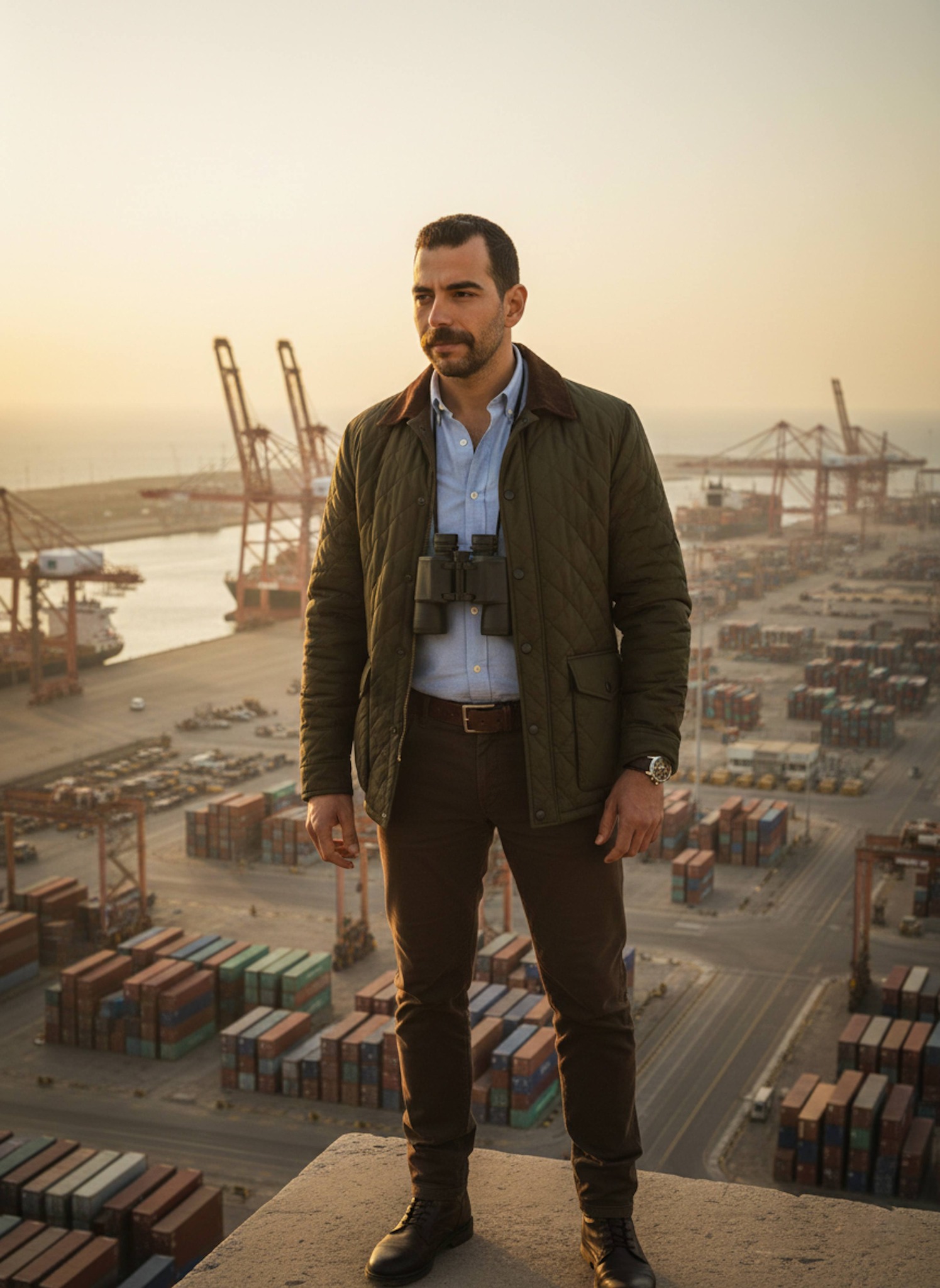 Person standing on elevated platform overlooking Damietta port logistics hub with cranes and containers in golden ratio framing