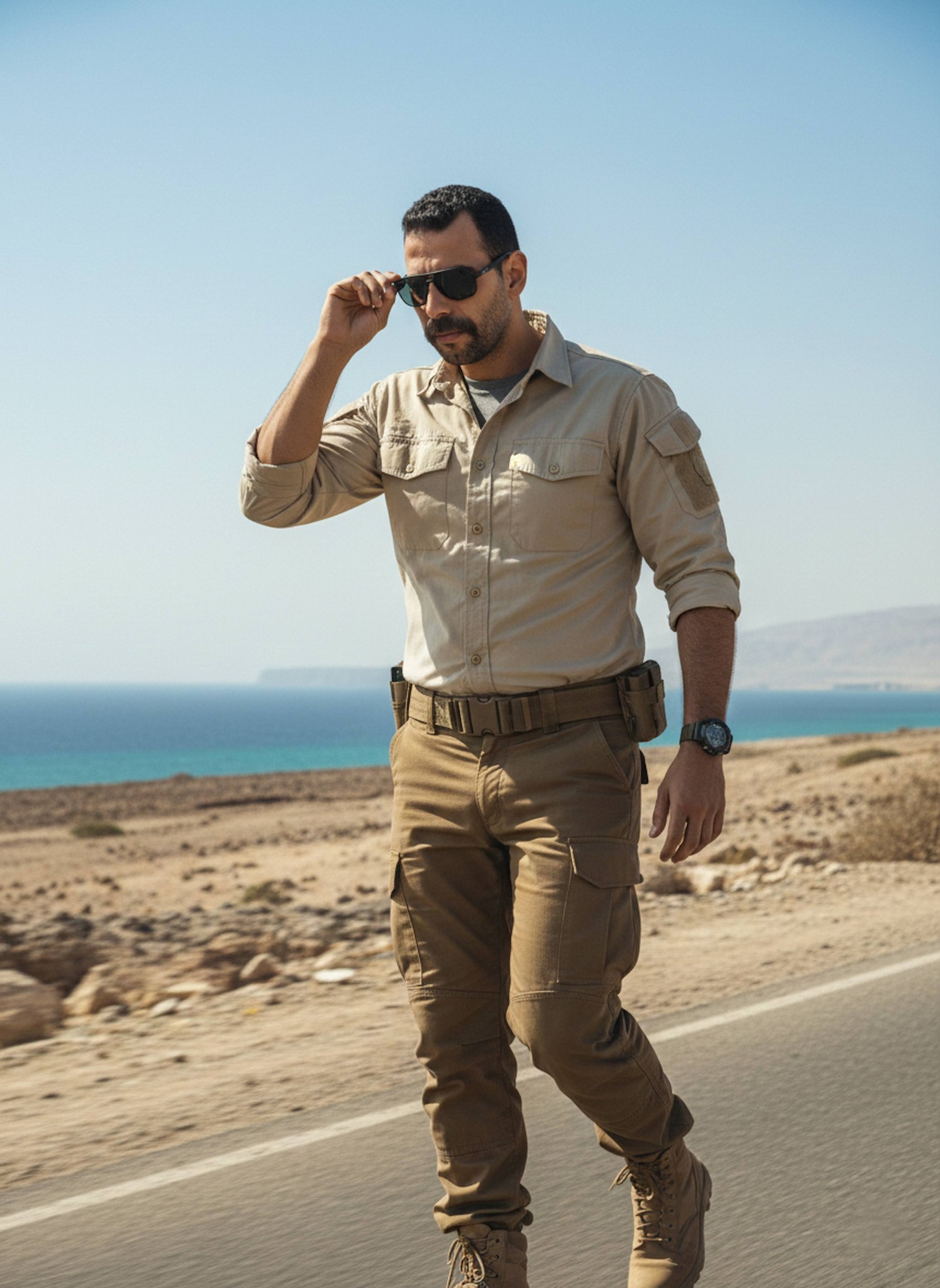 Person in desert-adapted tactical gear removing sunglasses with sharp look on desolate Sinai coastal road