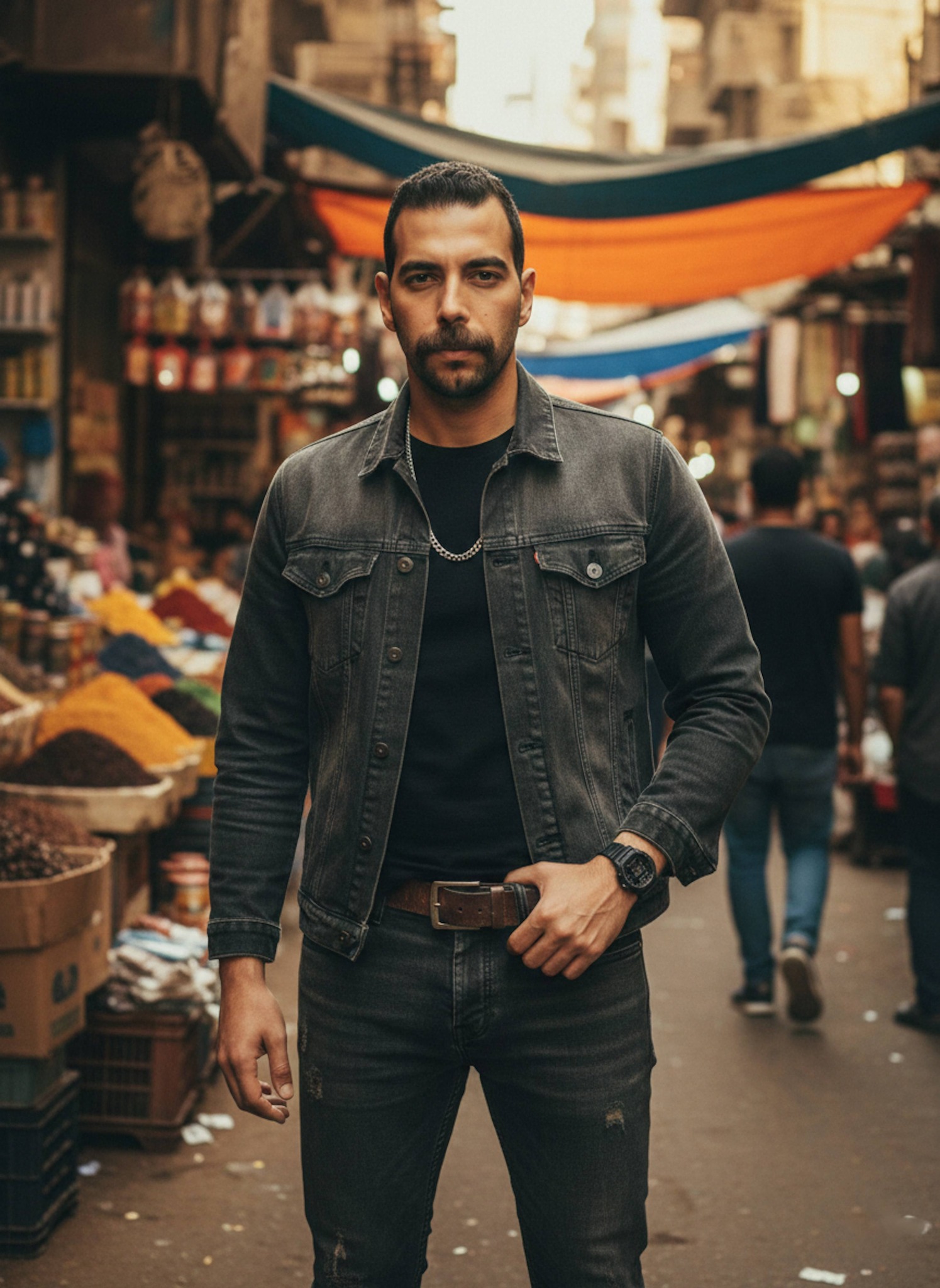 Tight cropped portrait of person in adaptive civilian outfit blending into chaotic vibrant Attaba market in Cairo