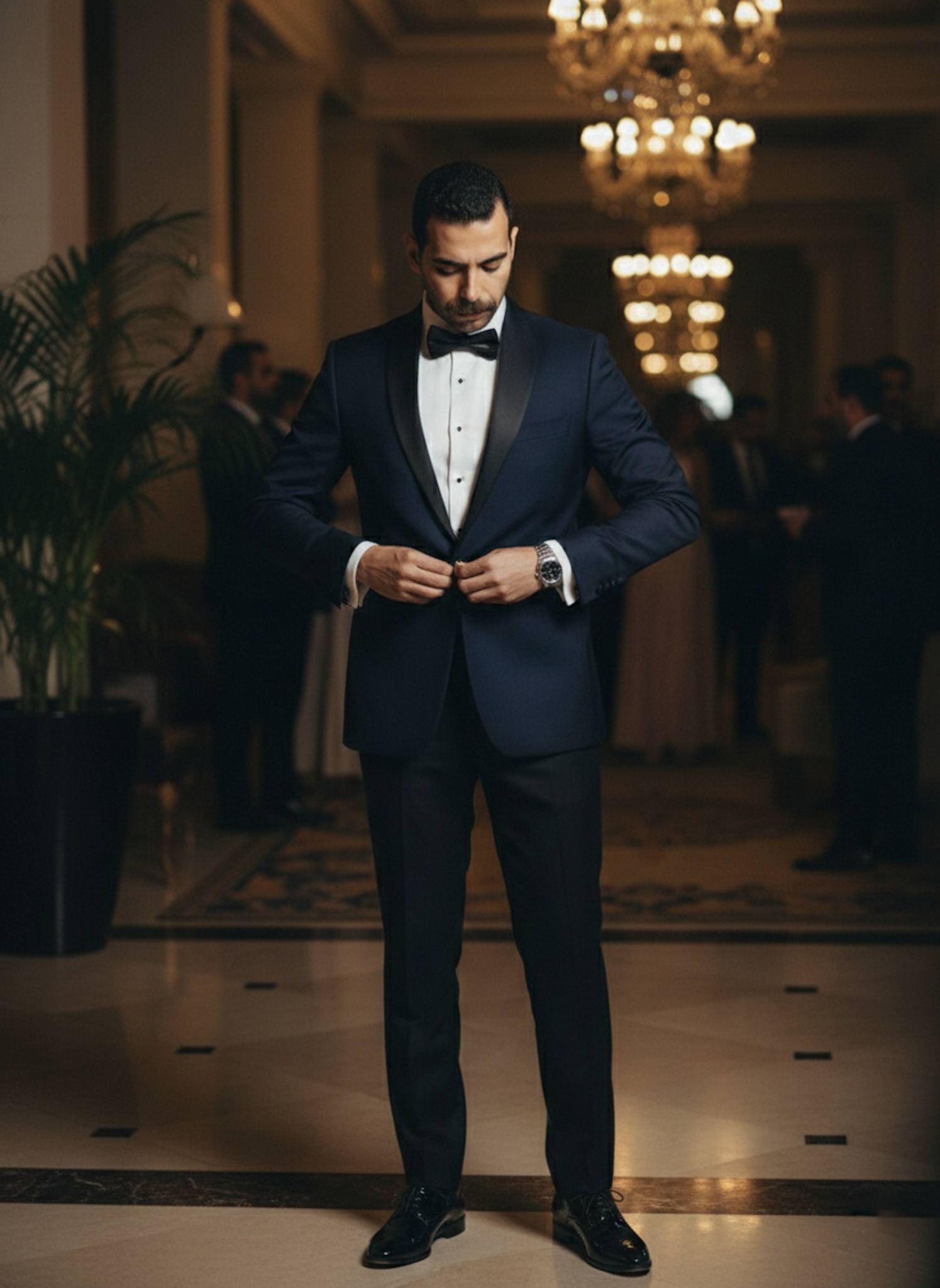 Person in high-end formal wear buttoning suit jacket in luxurious Zamalek hotel lobby with low atmospheric lighting