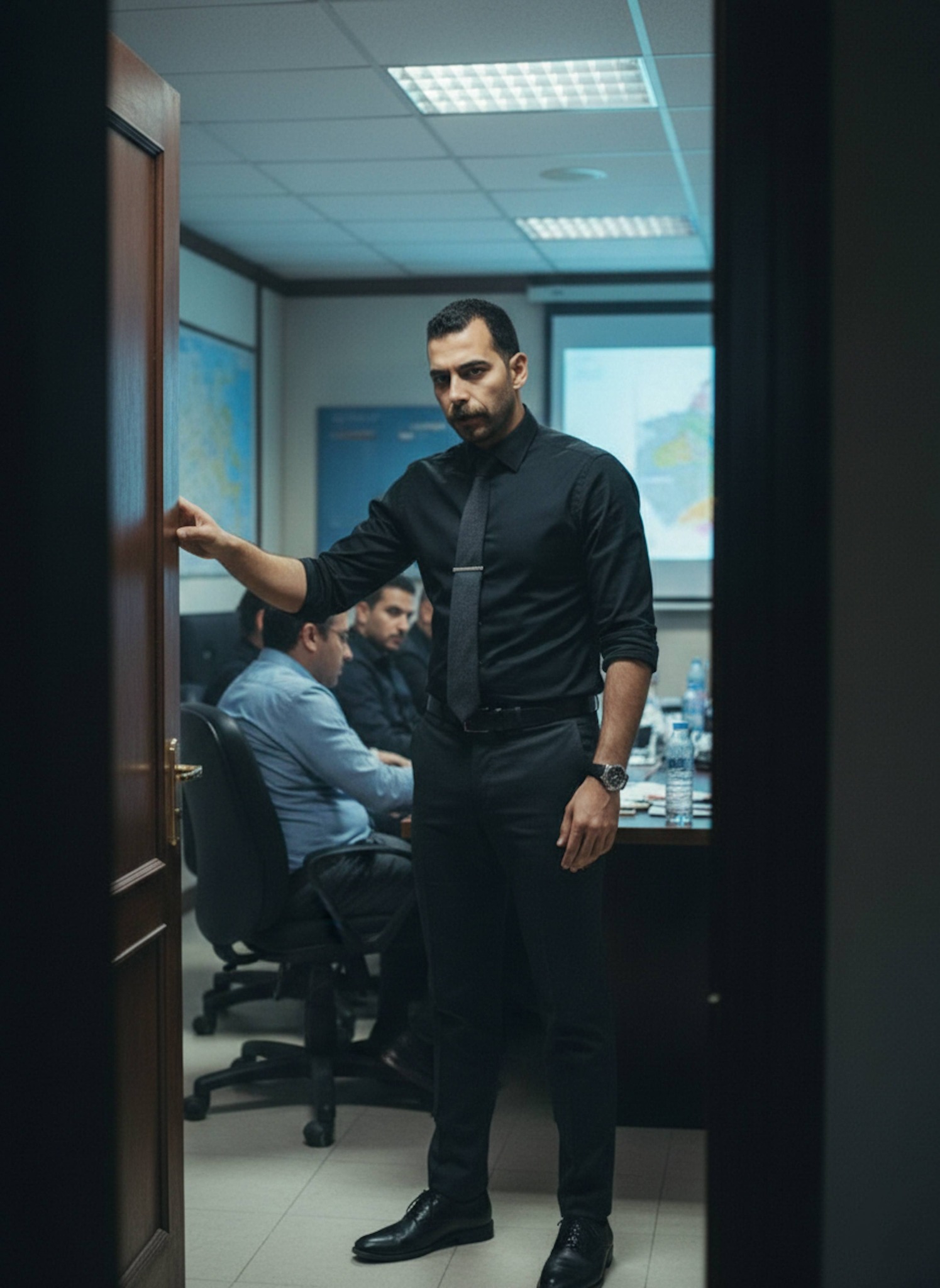 Person seen through slightly open door gesturing in secure intelligence briefing room in downtown Cairo