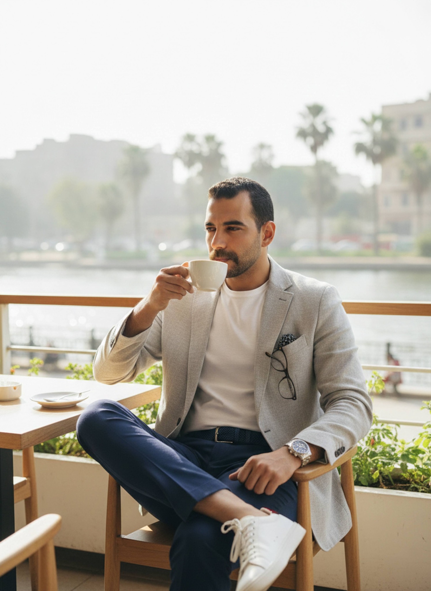 Over-the-shoulder view of person intensely observing diplomats through window in secured Cairo conference corridor