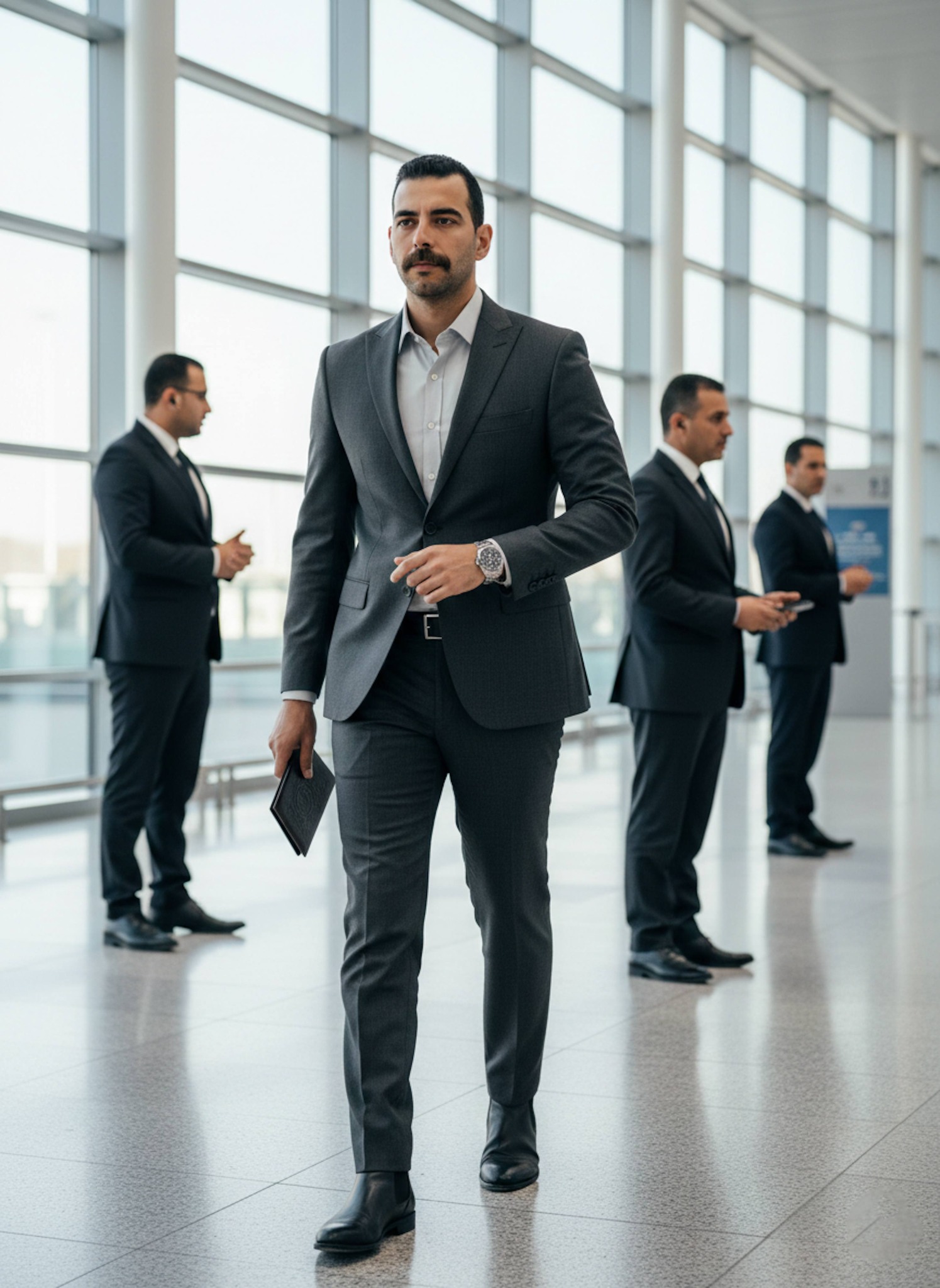 Person in clean adaptive wear checking phone while standing in grand hall of Cairo Ramses Railway Station