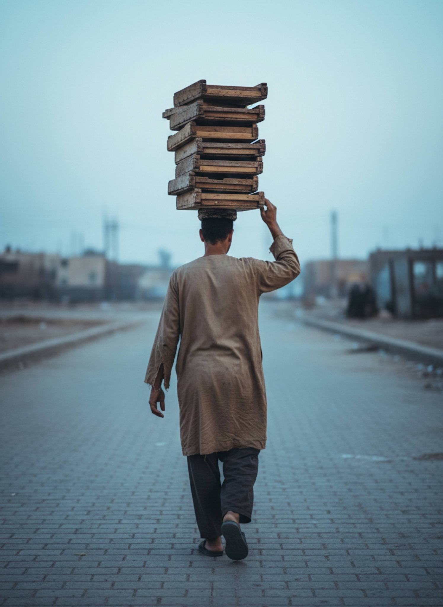 Ground-level view of person sitting as vegetable vendor in dusty Manshiyat Naser market showing gratitude before iftar