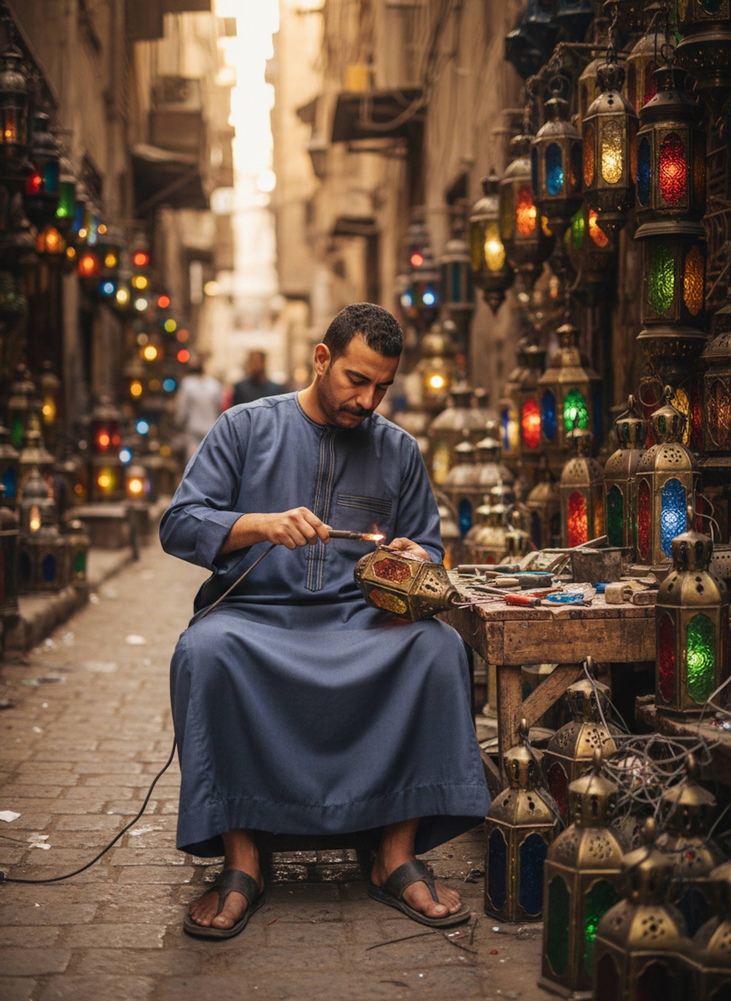 Ground-level close-up of person working as potter at clay wheel in traditional Fustat pottery workshop with warm lighting