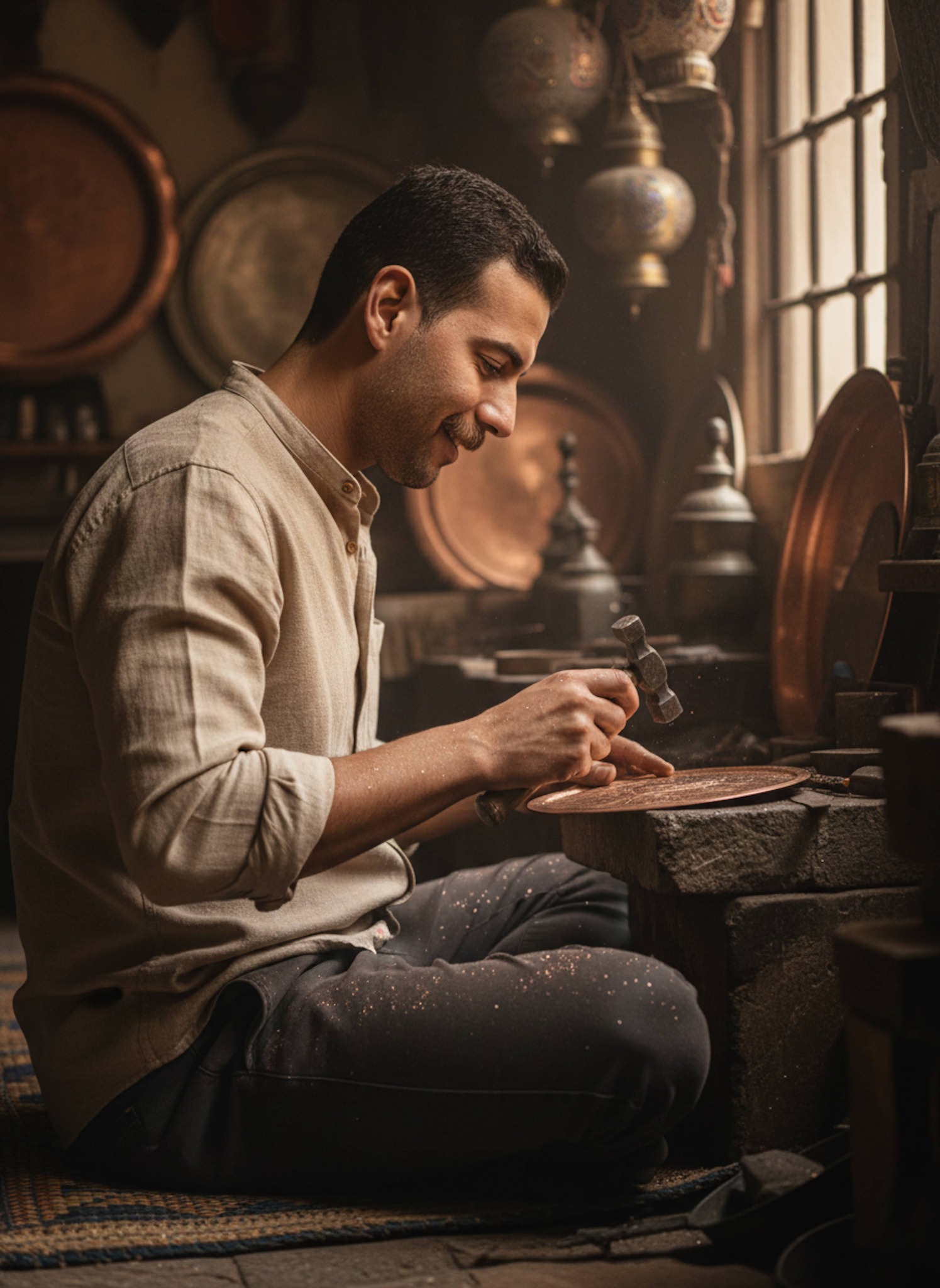 Person as koshary vendor standing behind counter in narrow downtown Cairo shop during lunch rush with warm steam