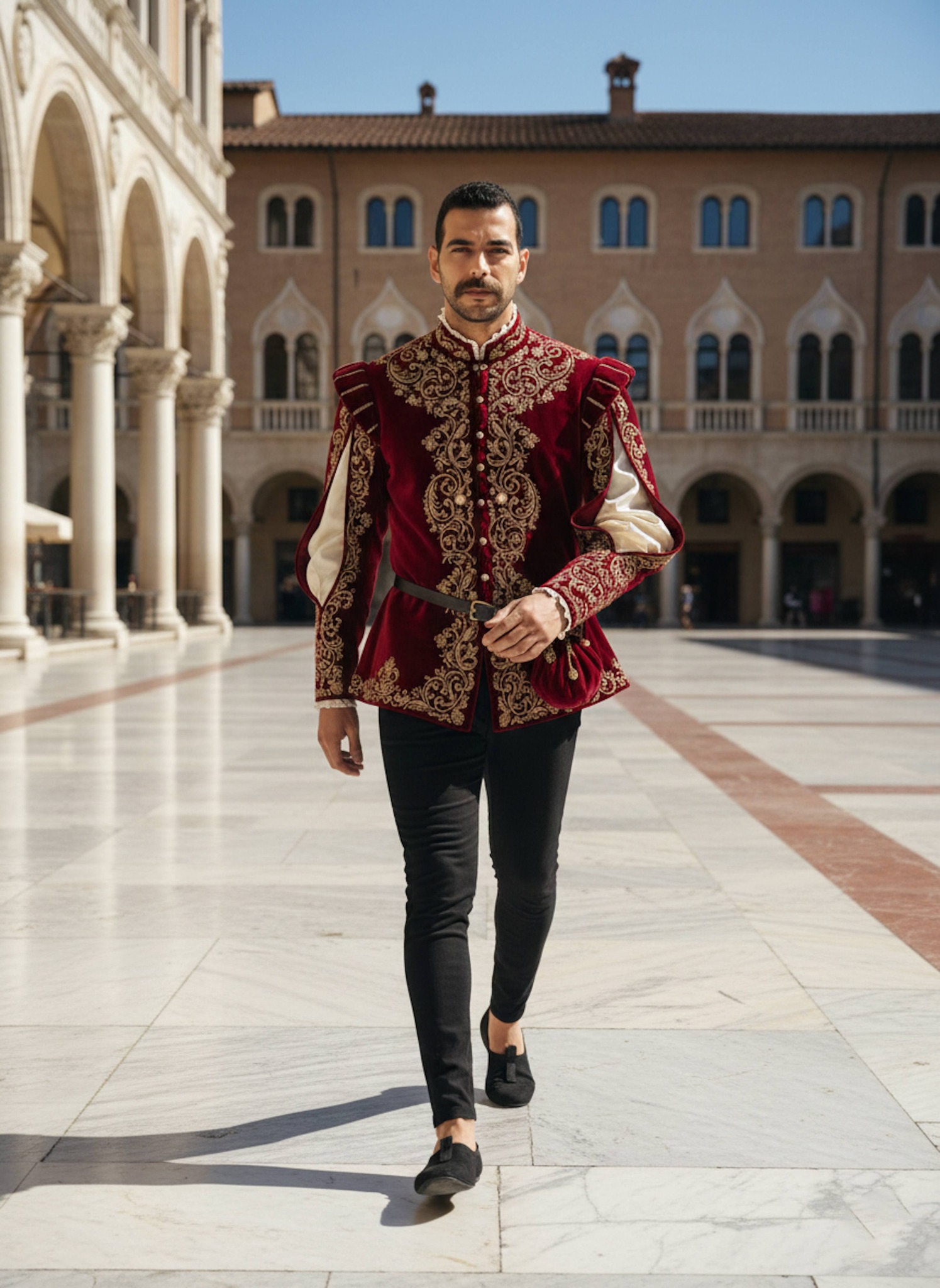 Person in crimson silk velvet doublet with gold embroidery walking through Renaissance Italian plaza at midday
