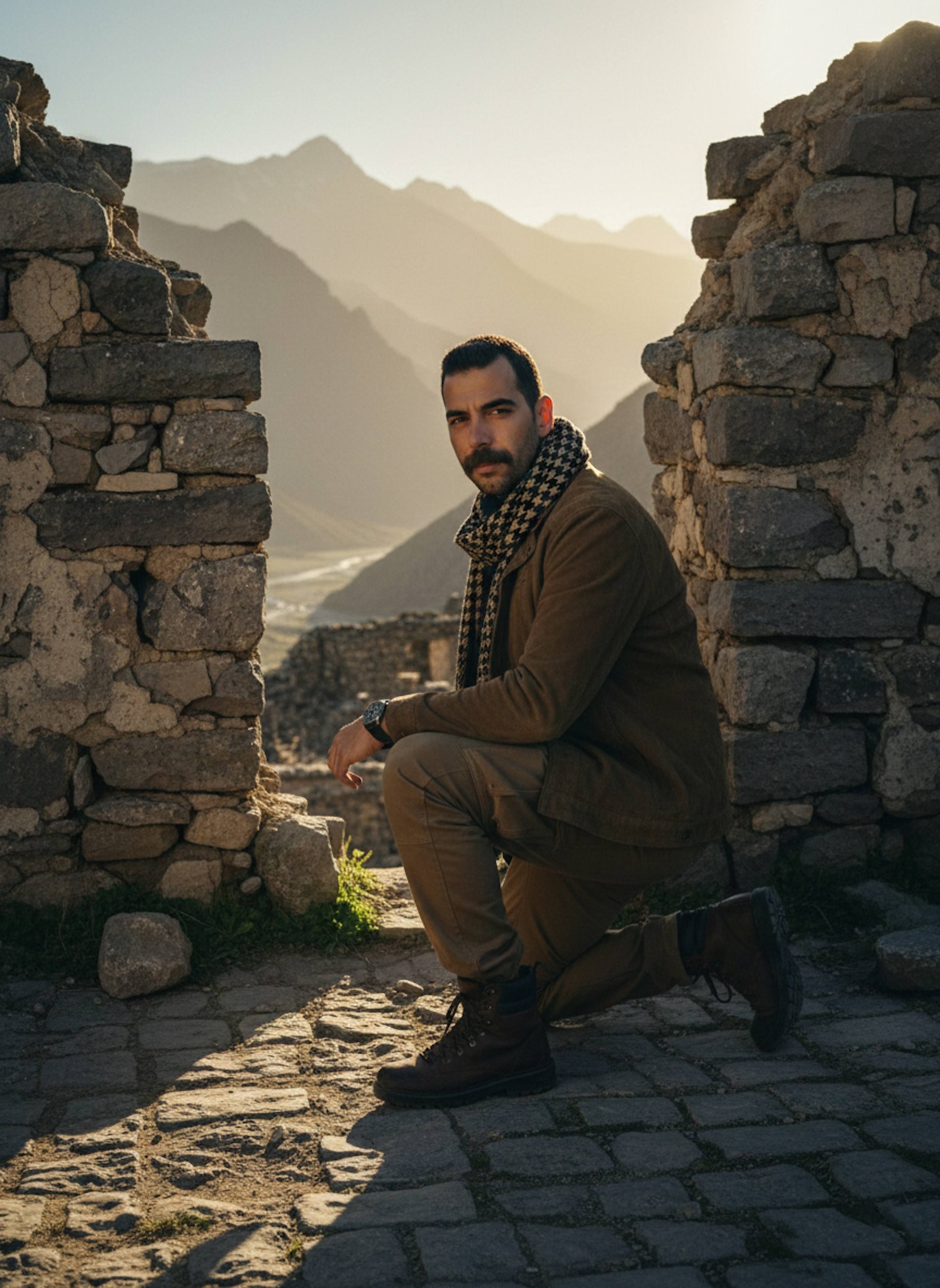 Person in dark tan suede jacket positioned behind stone wall ruins in ancient mountain village at sunset with long shadows
