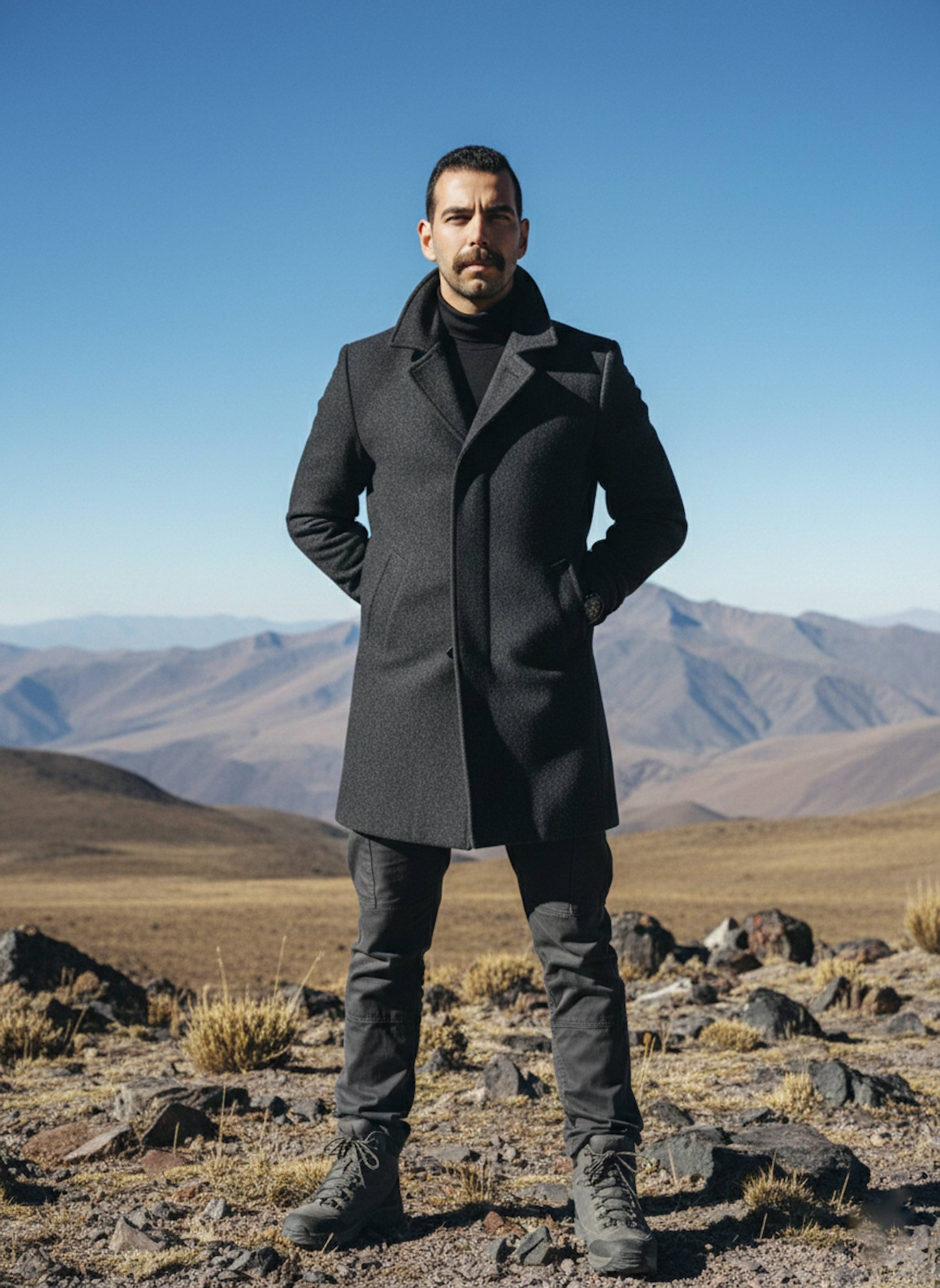 Person in dark gray wool tactical overcoat standing on high-altitude Andes plateau with sparse rocks under bright blue sky