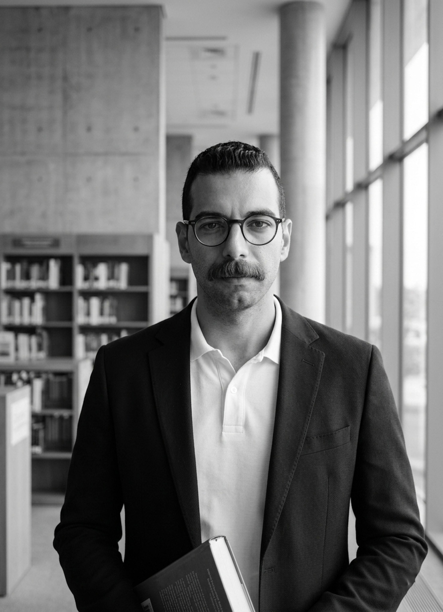 Person in a blazer, polo shirt, and glasses in a modern library with soft even monochrome lighting showing intellectual focus