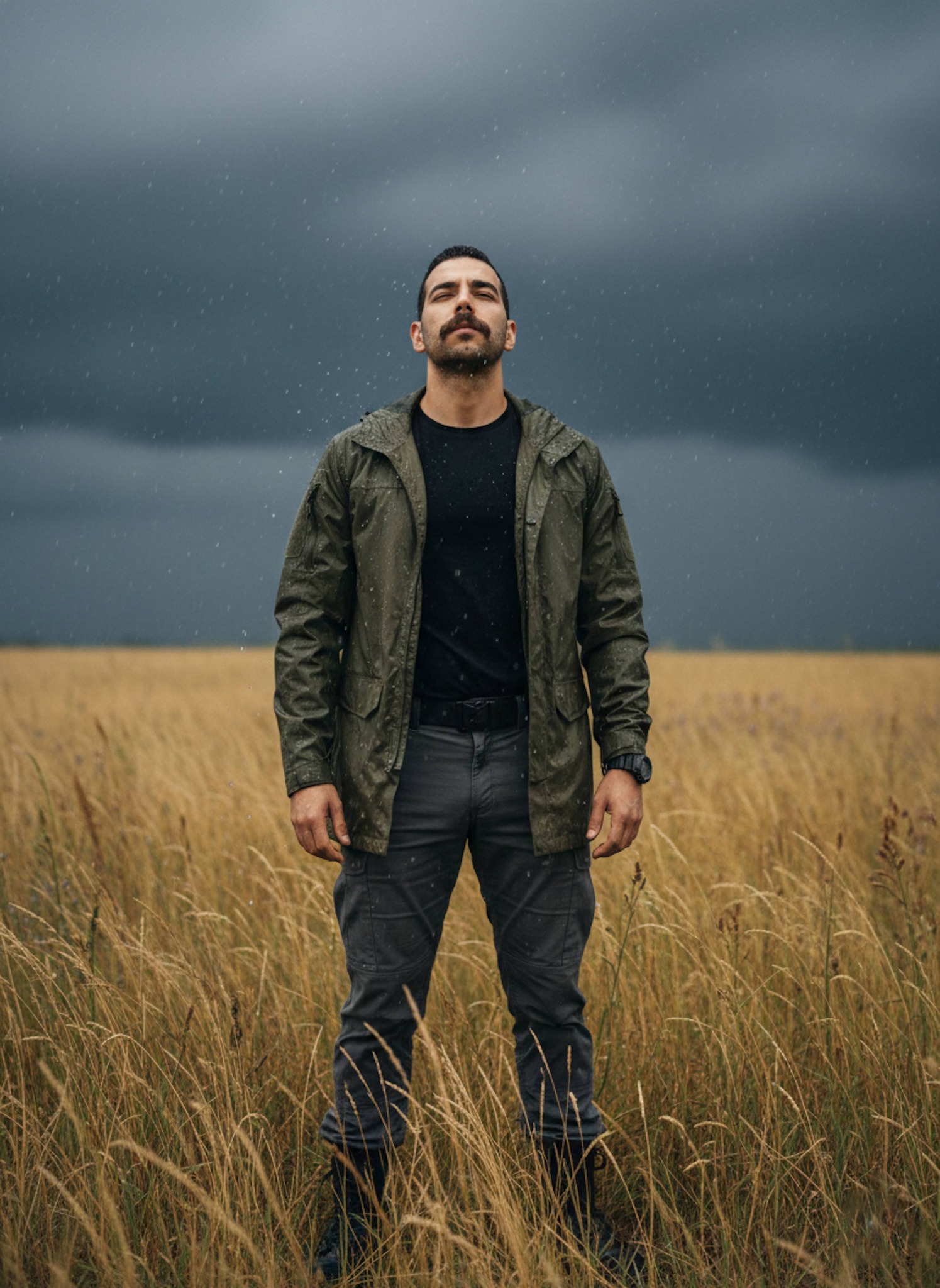 Person in olive drab field parka standing in tall golden grass field under dark thunderstorm clouds with heavy raindrops
