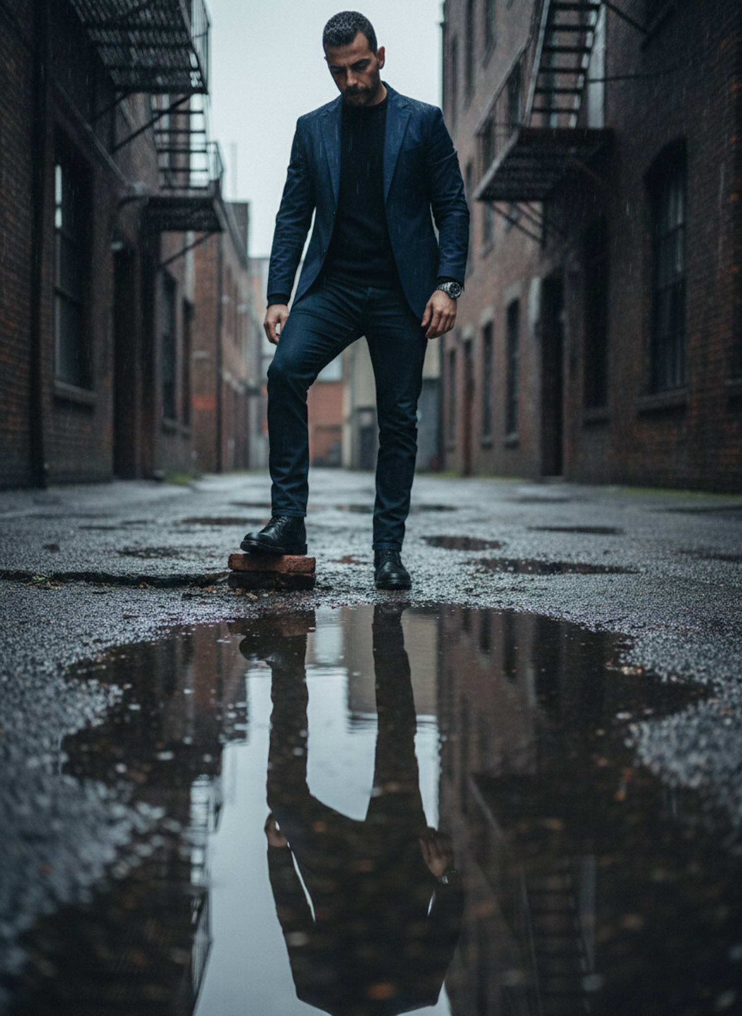 Person in navy tactical blazer reflected in puddle in dark industrial alley with rusted fire escapes and brick walls after rain