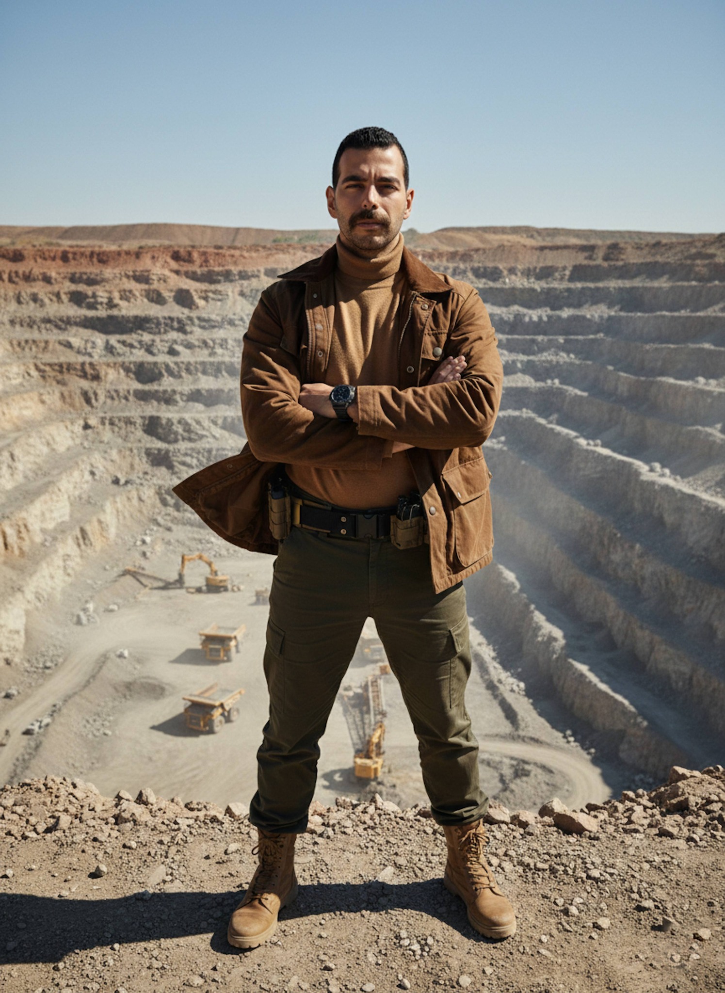 Person in brown waxed-canvas jacket standing at edge of massive open-pit mine with industrial machinery in background