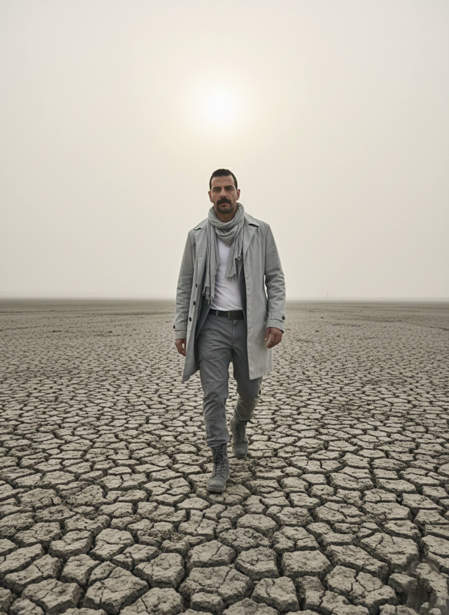 Person in light gray trench coat walking through field of dry cracked mud in drained reservoir under hazy sun