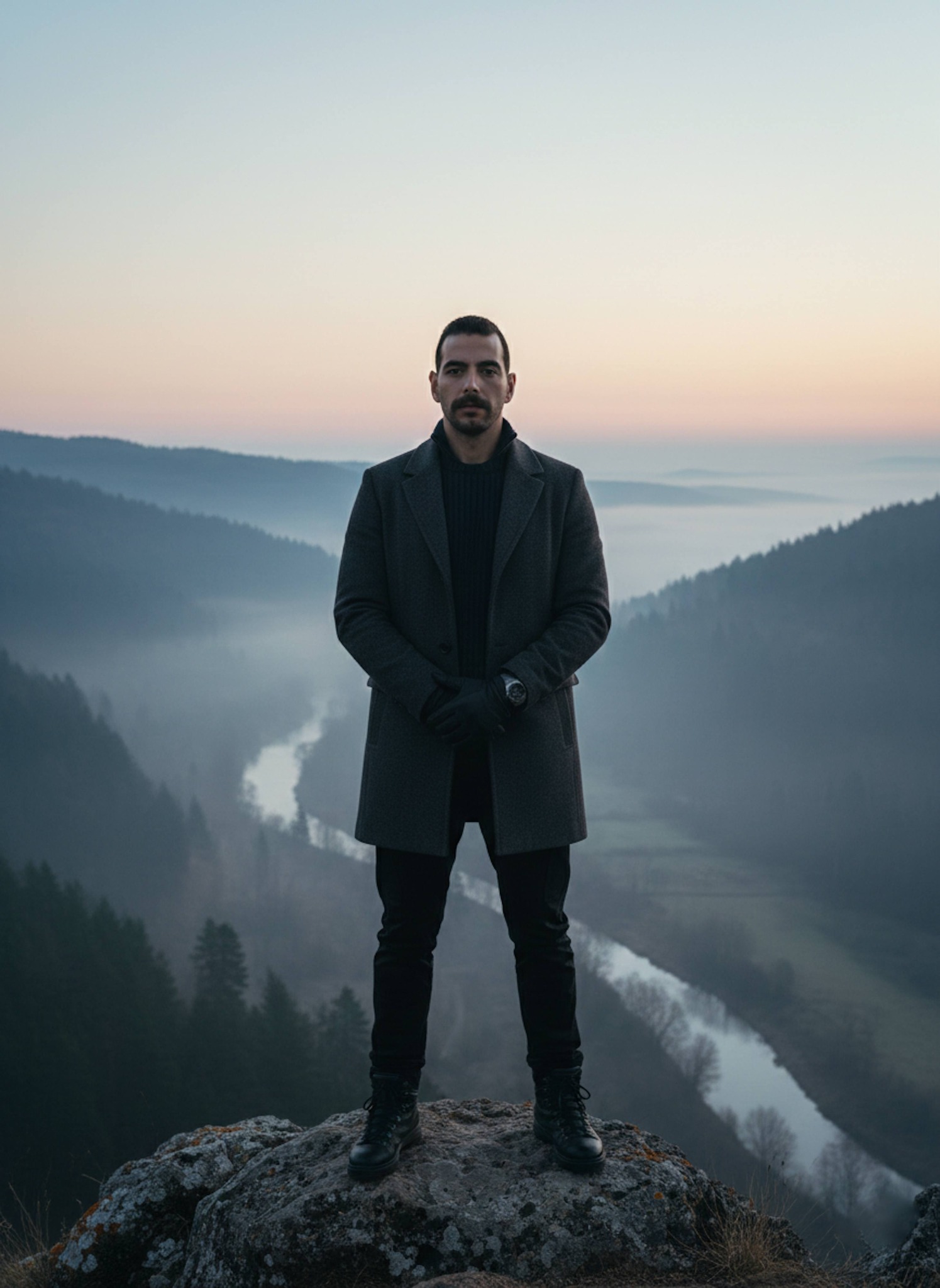 Person in charcoal wool field coat standing on rocky outcrop overlooking misty river valley at dawn with silver water below