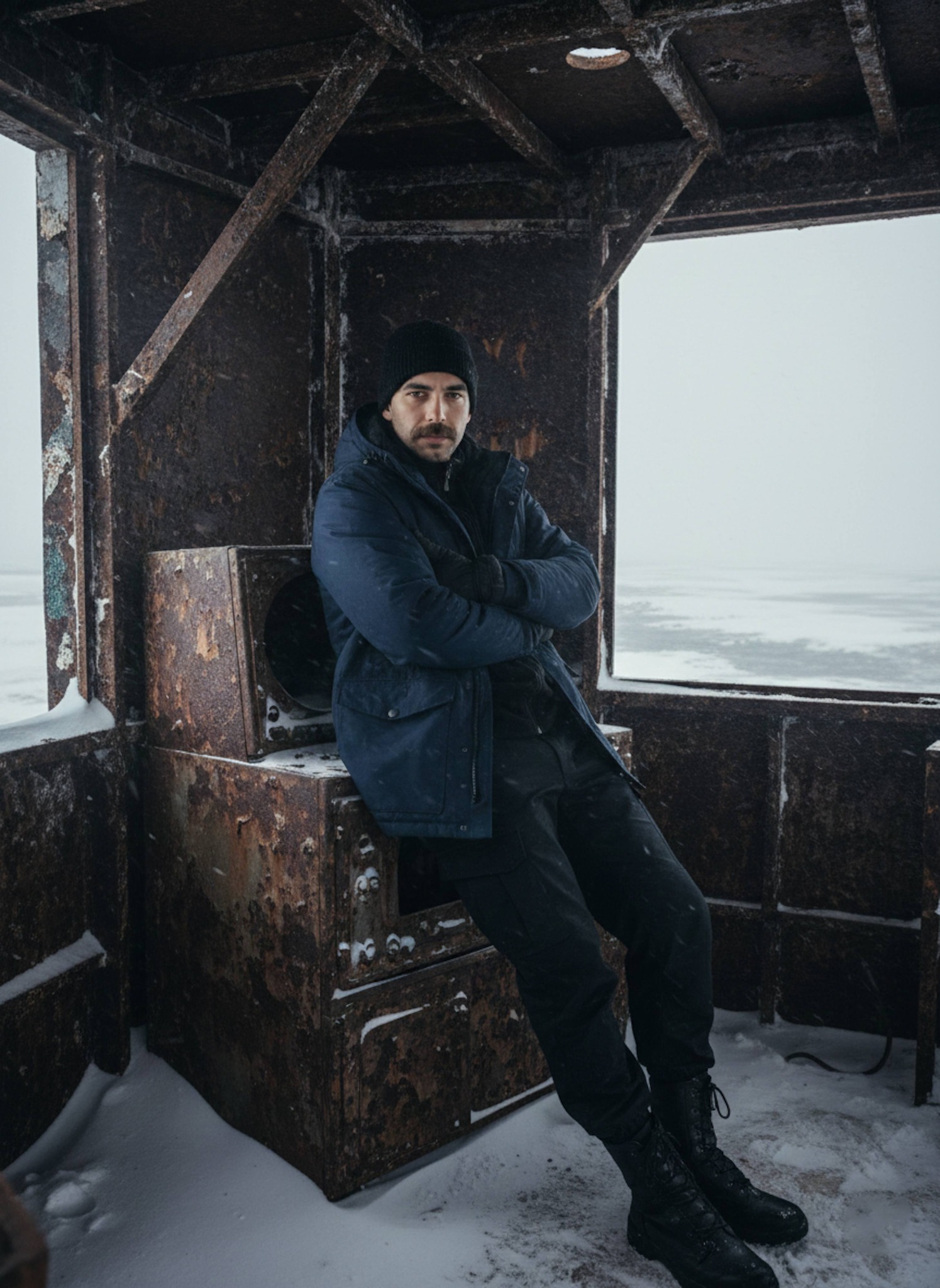 Person in navy insulated parka inside rusted abandoned radar station with snow blowing through gaps in metal walls