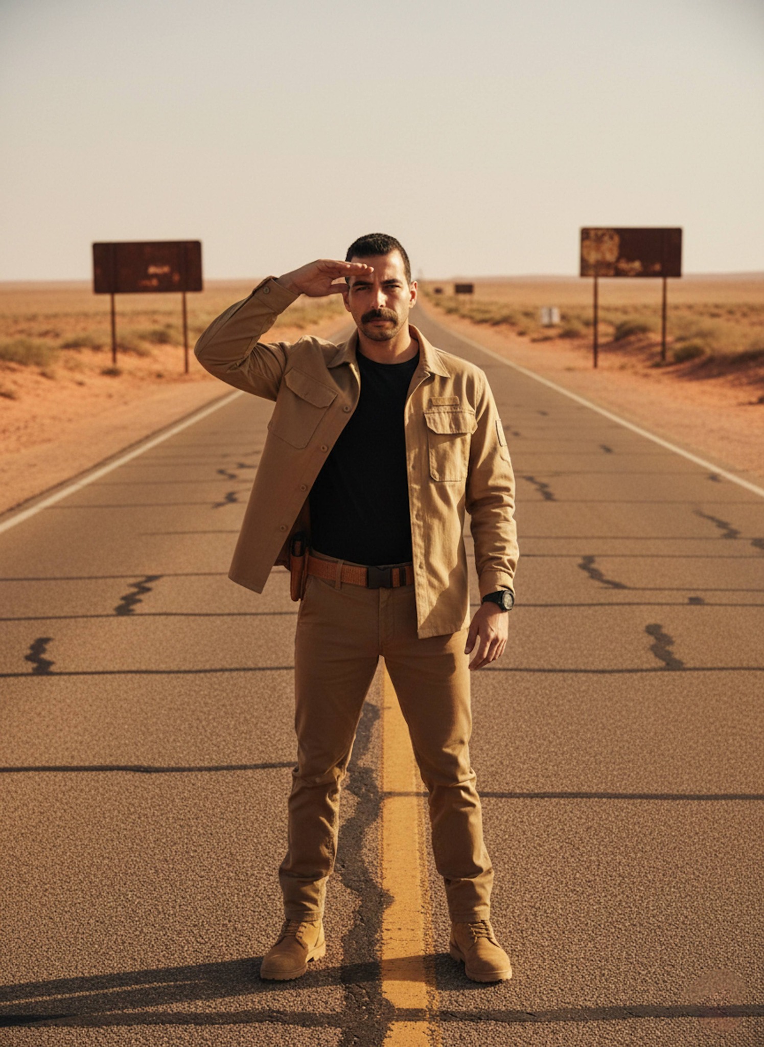 Person in tan field jacket walking on desert road stretching to infinity with rusted highway signs and sand-covered asphalt