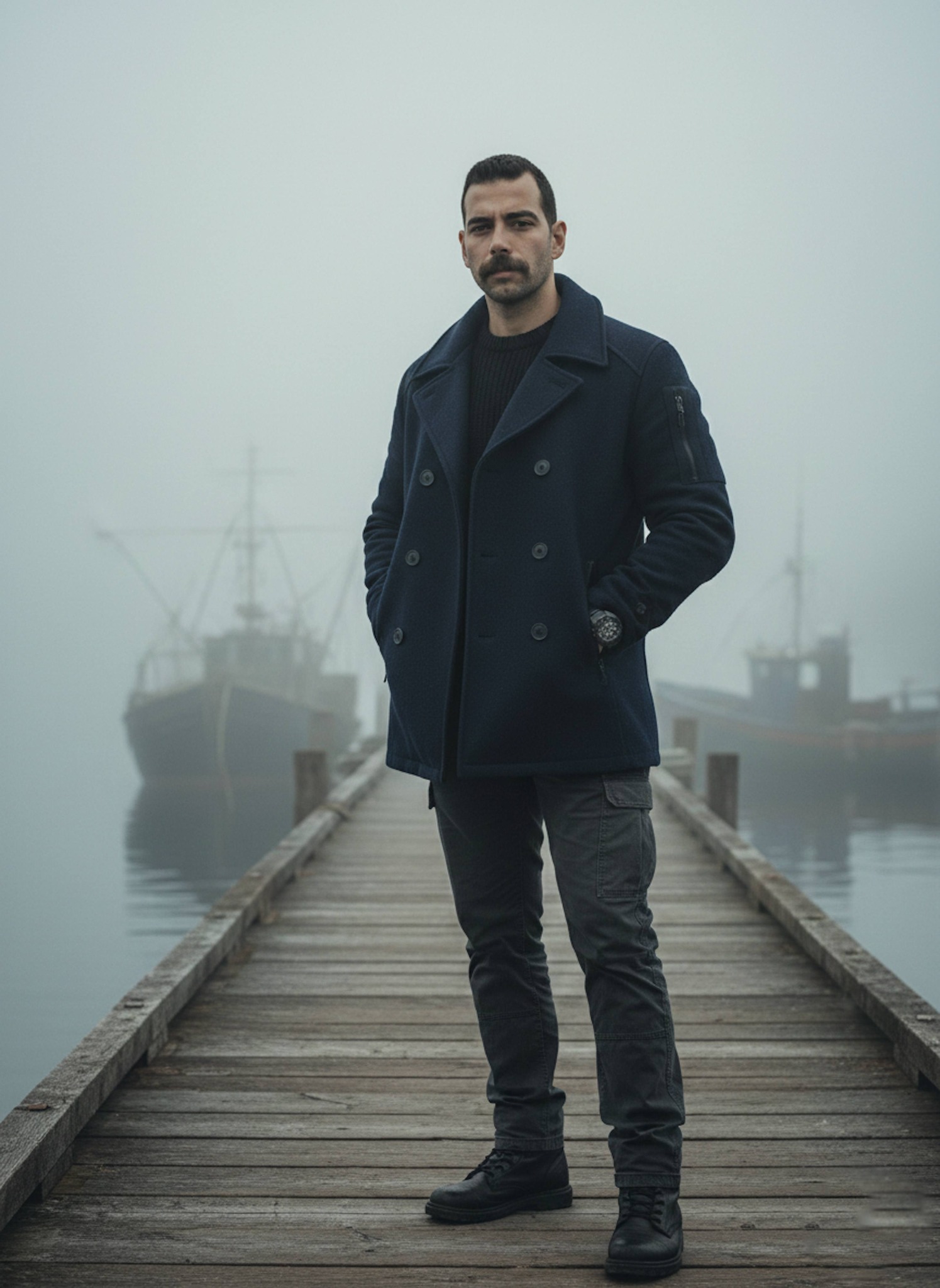 Person in navy wool pea coat standing on wooden pier in foggy fishing village with boat silhouettes in misty background