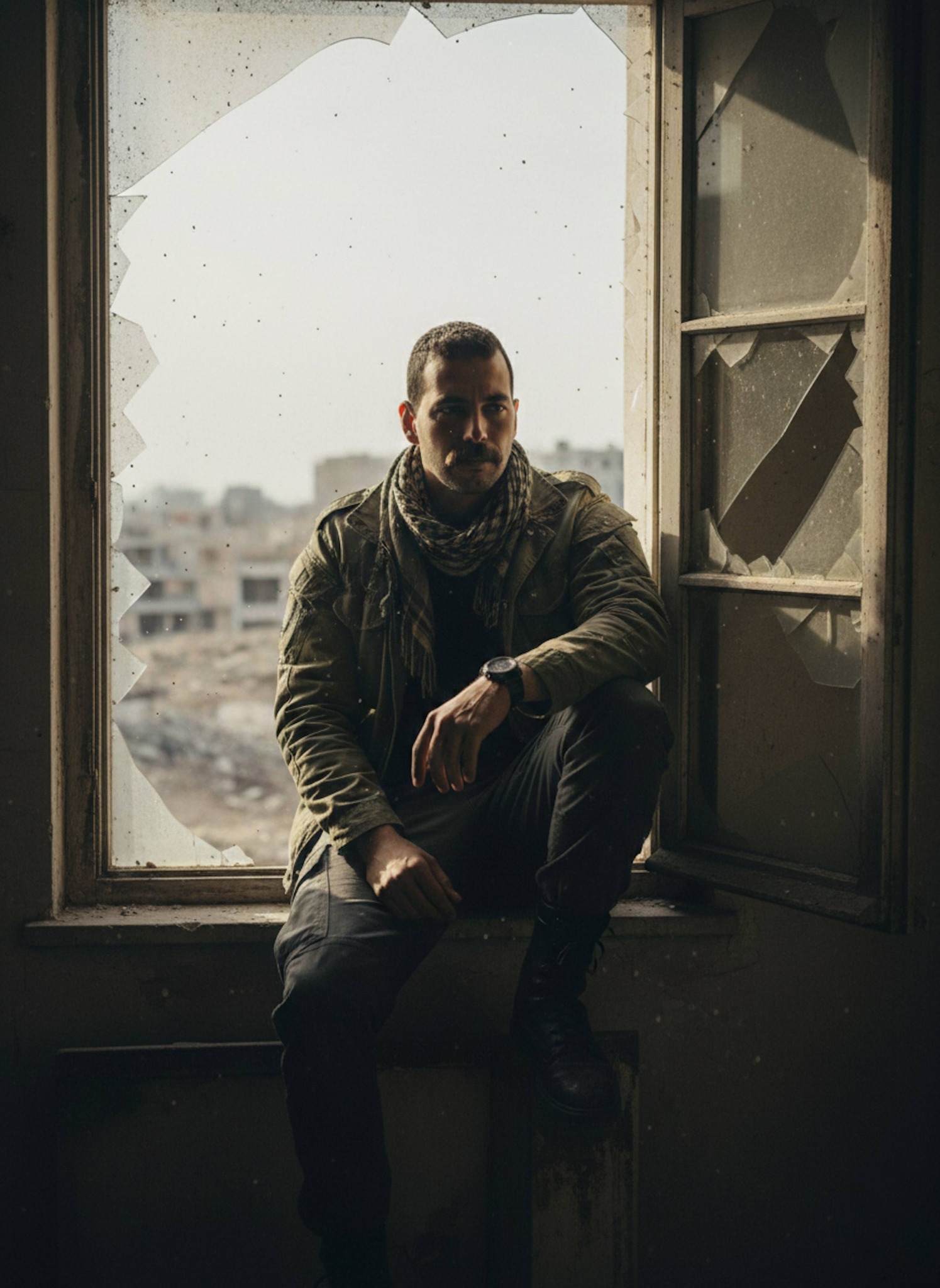 Person in distressed olive tactical jacket seen through broken window of derelict building with dust motes in sunlight