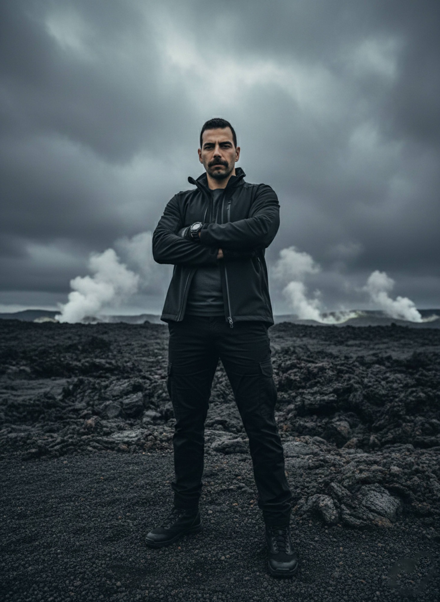Person in black shell jacket standing in field of volcanic rock and ash in Hawaii with steam vents under cloudy sky