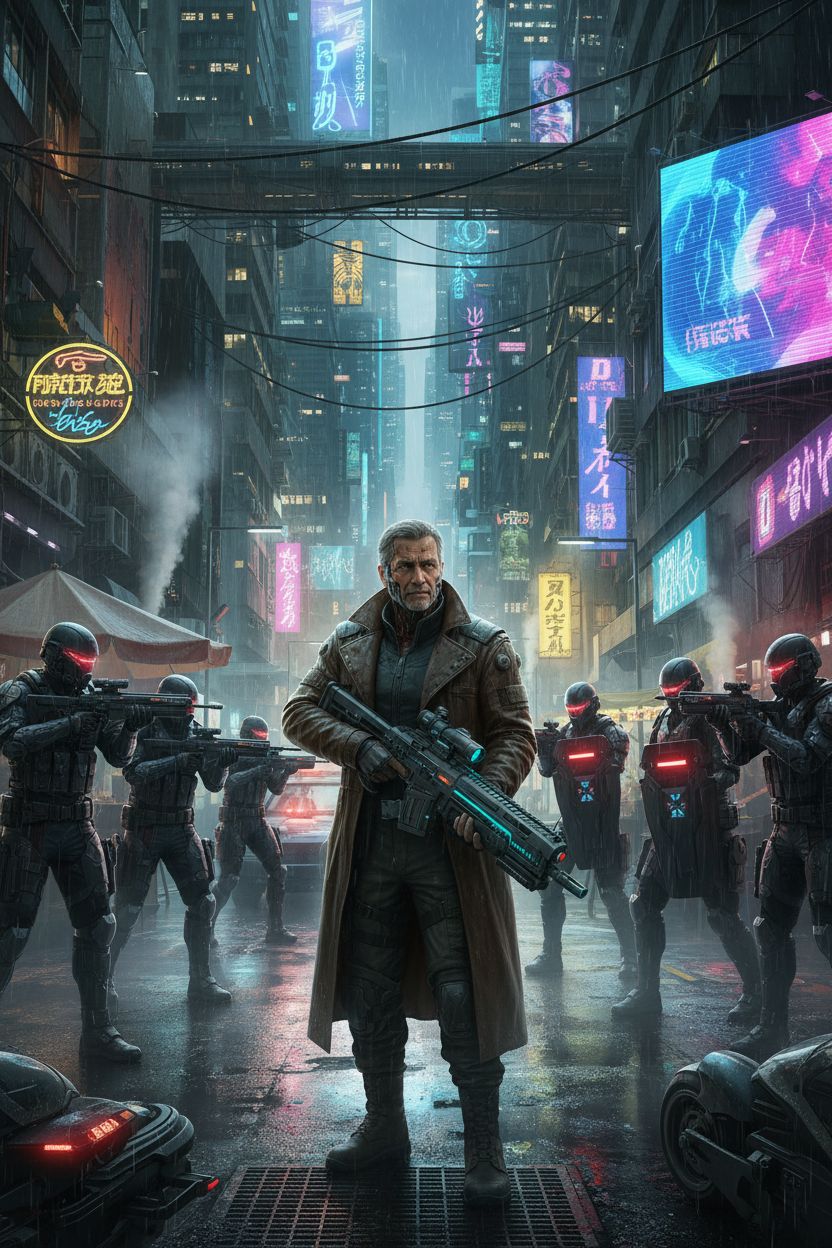 Person in a tense cyberpunk standoff with armed cyber-police on neon-lit rain-slicked city streets with holographic ads