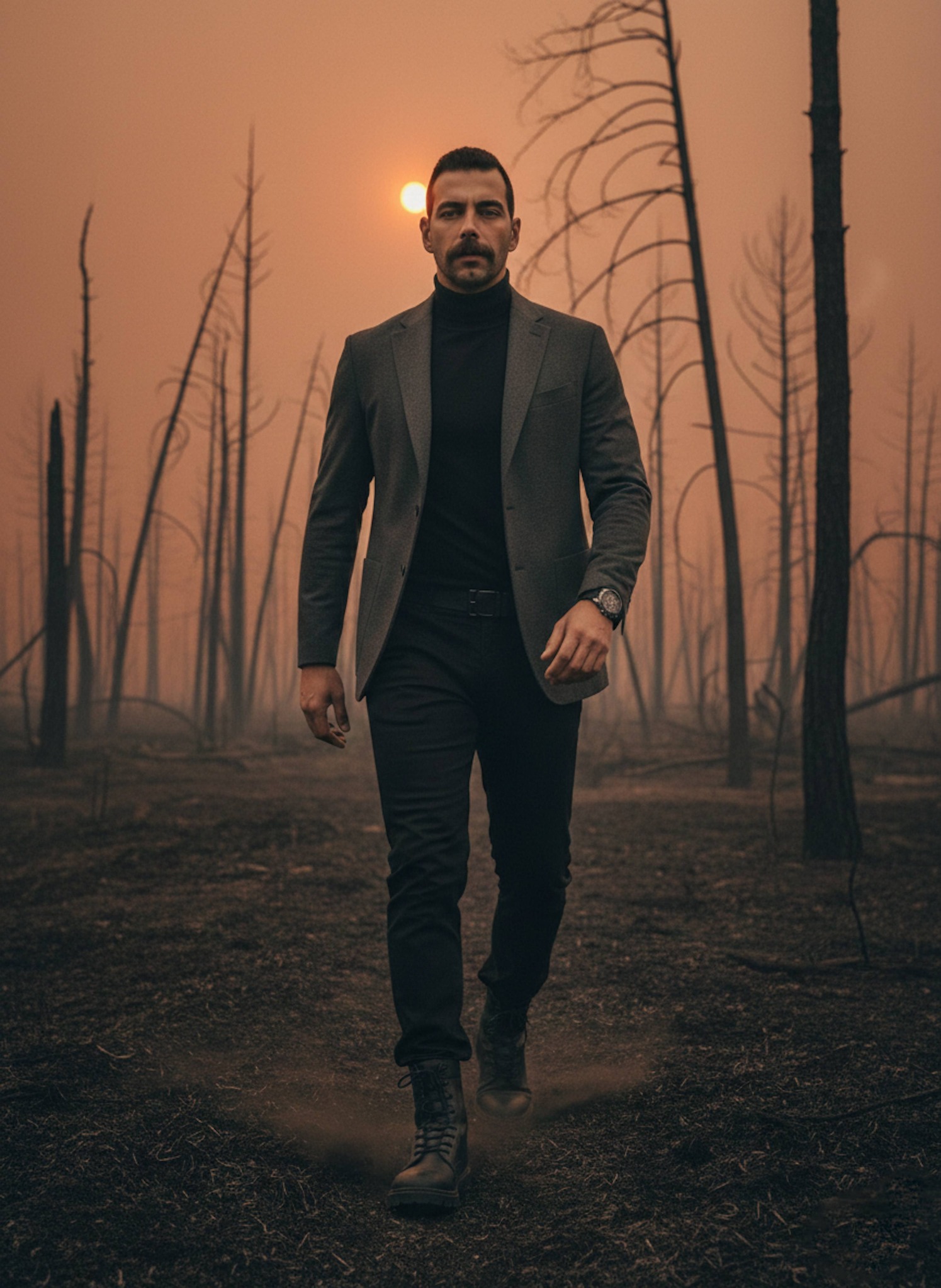Person in charcoal tactical blazer walking through burnt tree grove with black ash ground under smoky orange sky
