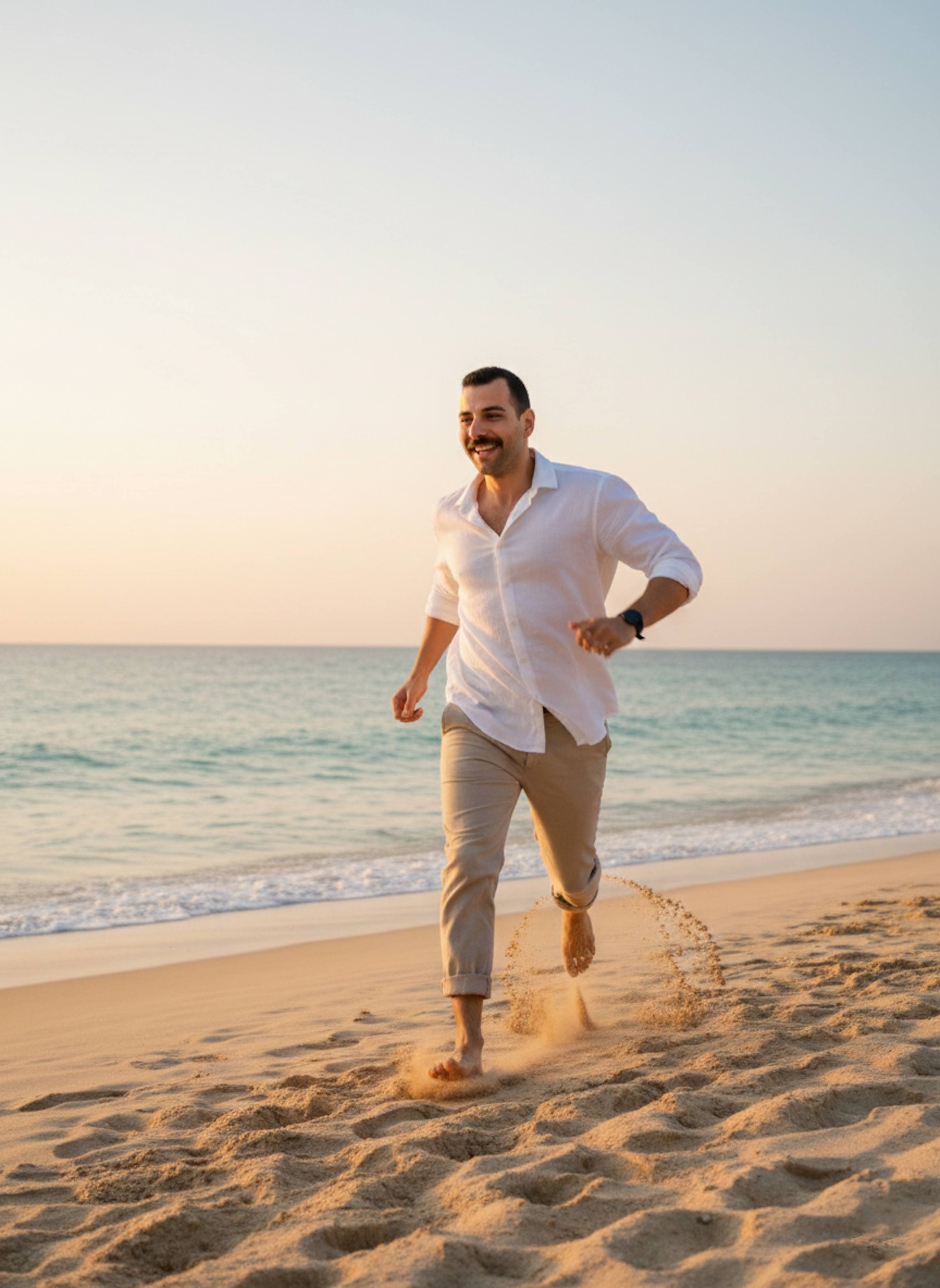 Person in loose white shirt and tan linen slacks running toward ocean on sandy beach in late afternoon golden sunlight