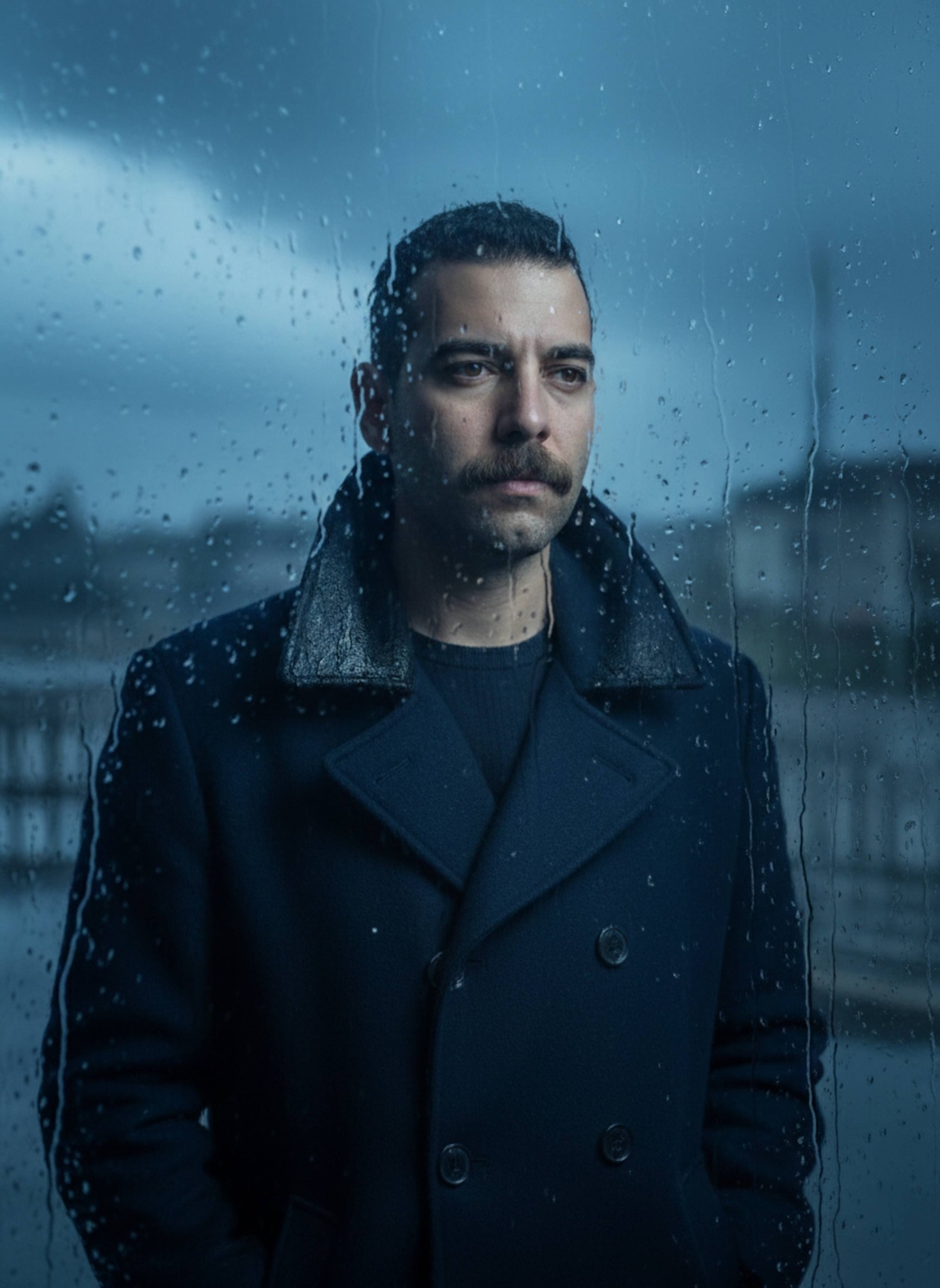 Person in navy wool pea coat looking out window during heavy rainstorm with raindrops in foreground and blue storm light