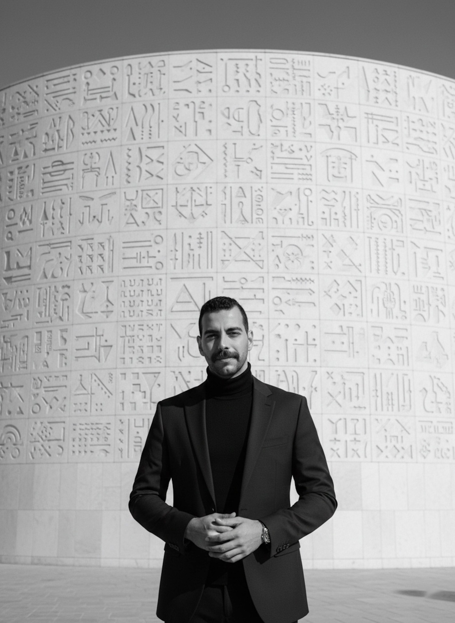 Person in slim-fit navy blazer and black turtleneck standing before Bibliotheca Alexandrina geometric wall patterns in monochrome