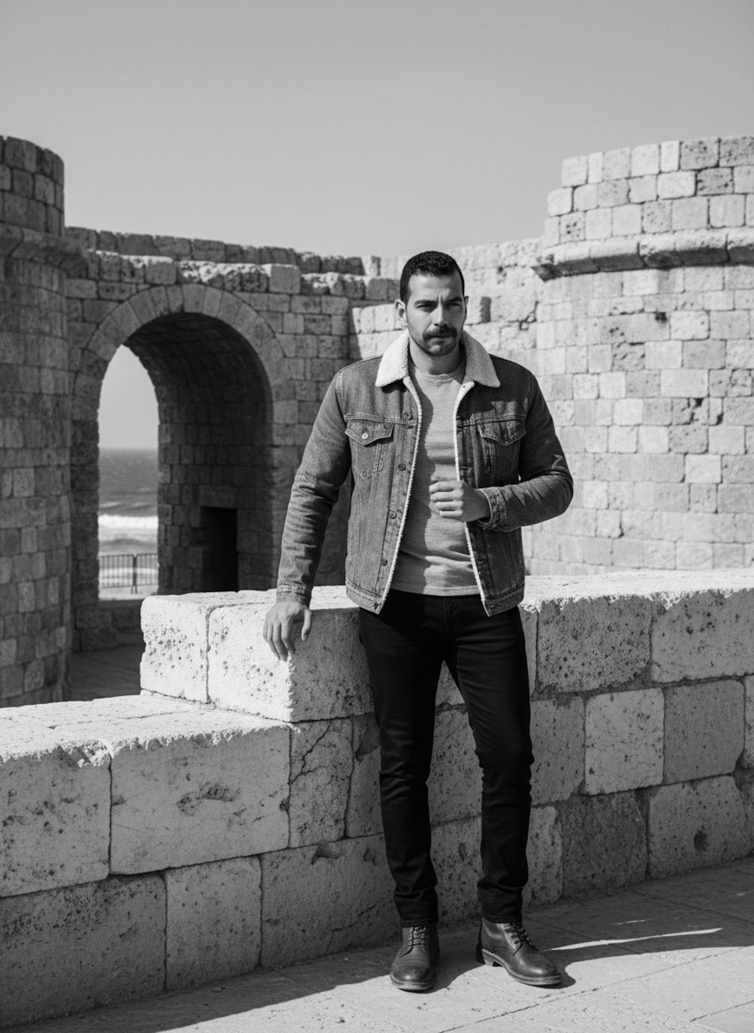 Person in denim jacket with shearling collar at Citadel of Qaitbay with hyper-detailed ancient stone textures in black and white